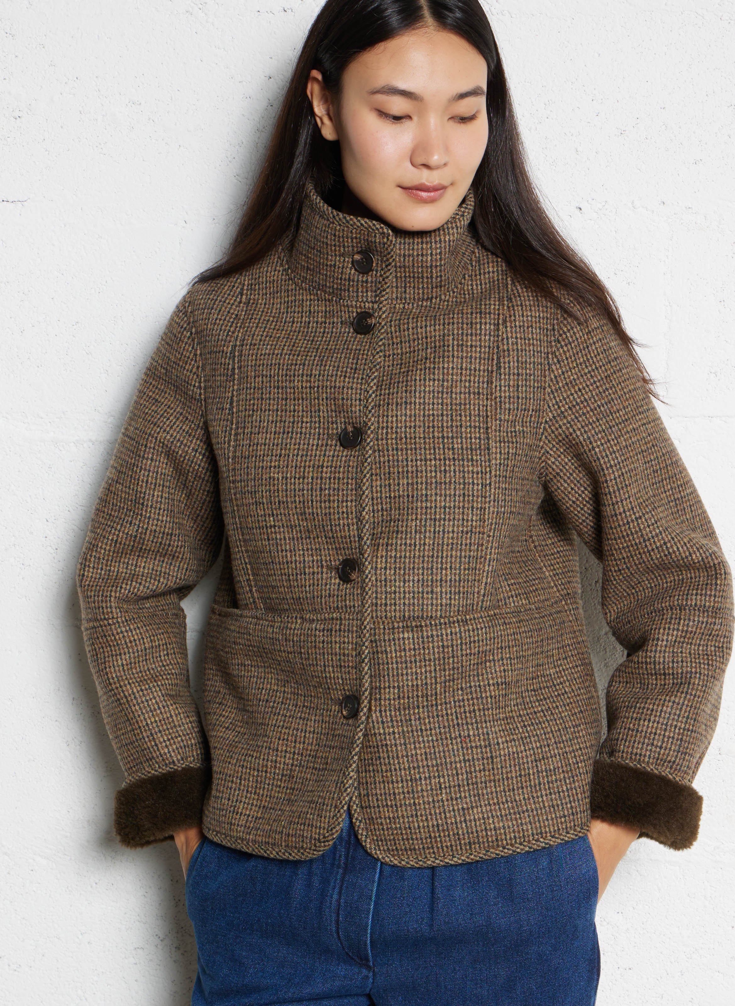 Straight coat with high collar in checkered pattern MAISON 123 Green