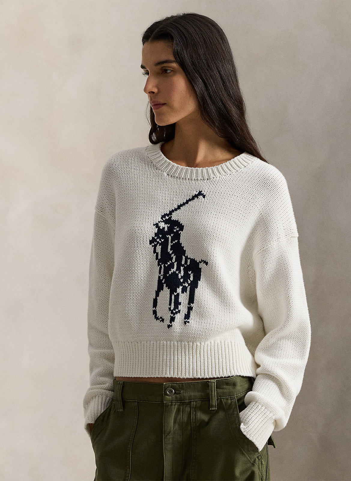 Straight fit round neck jacquard cotton sweater POLO RALPH LAUREN White