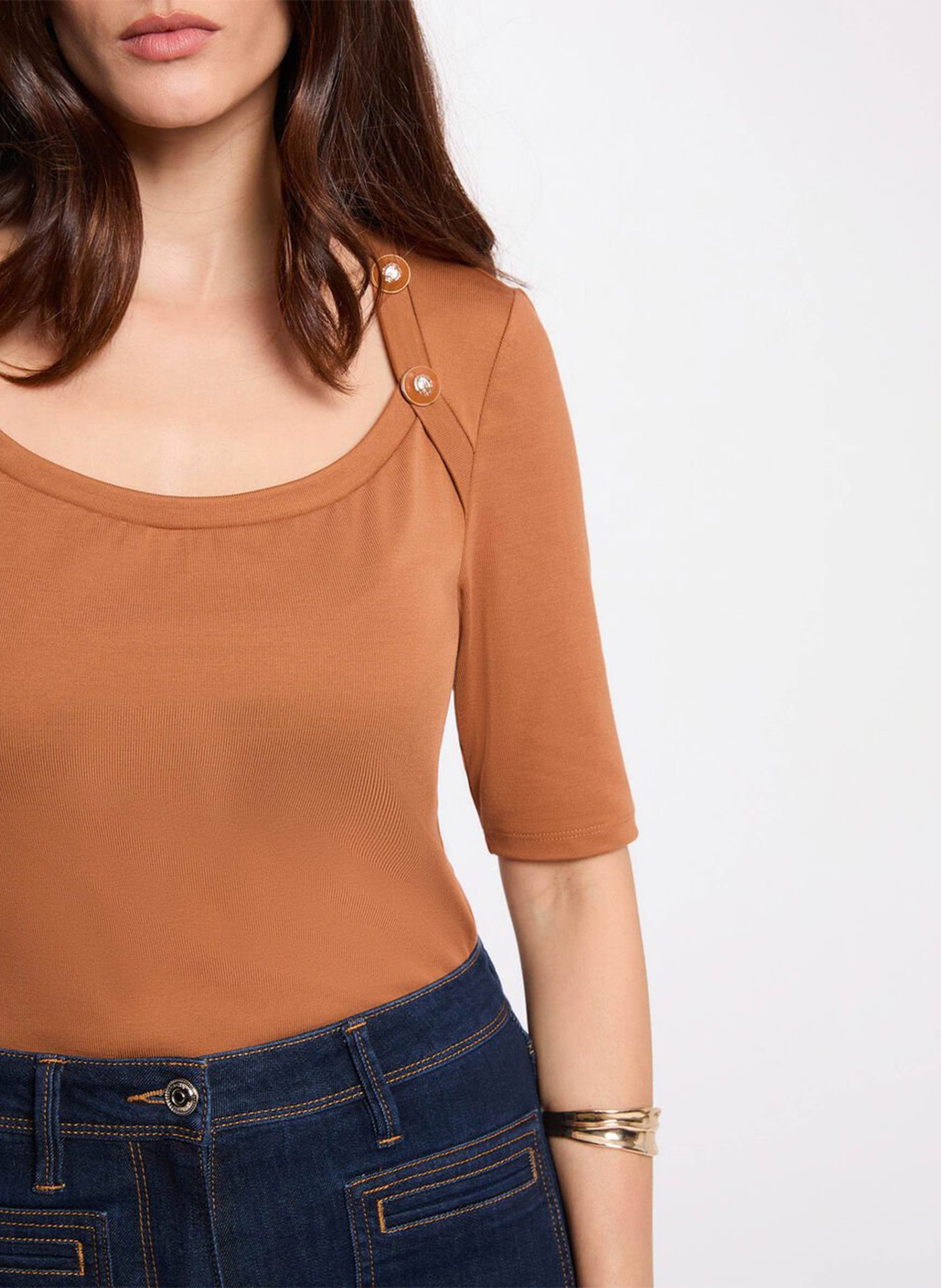 Fitted plain boat neck t-shirt MORGAN Brown