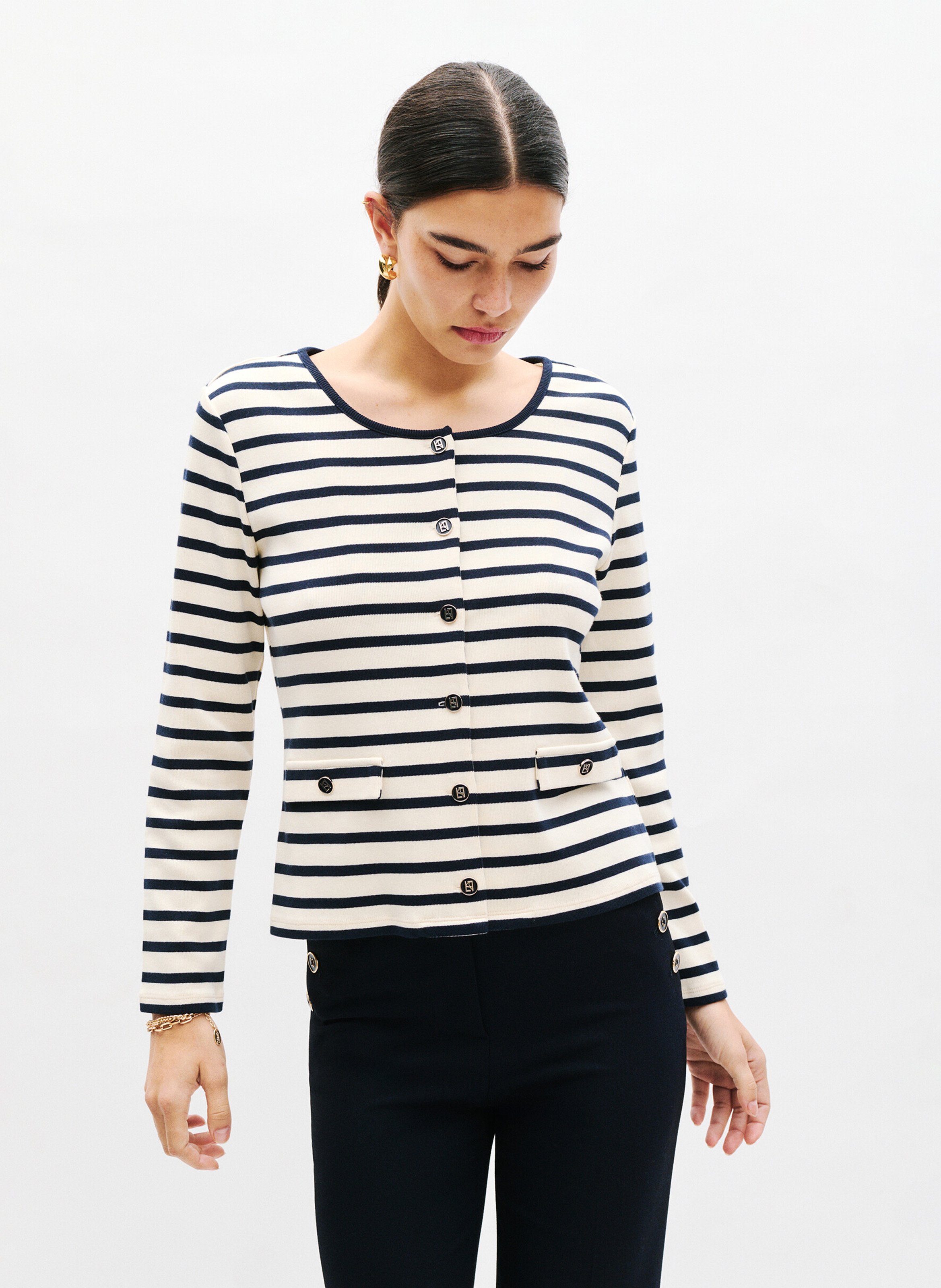 Gerade geschnittener Baumwoll-Cardigan mit Rundhalskragen und Streifen CAROLL Beige