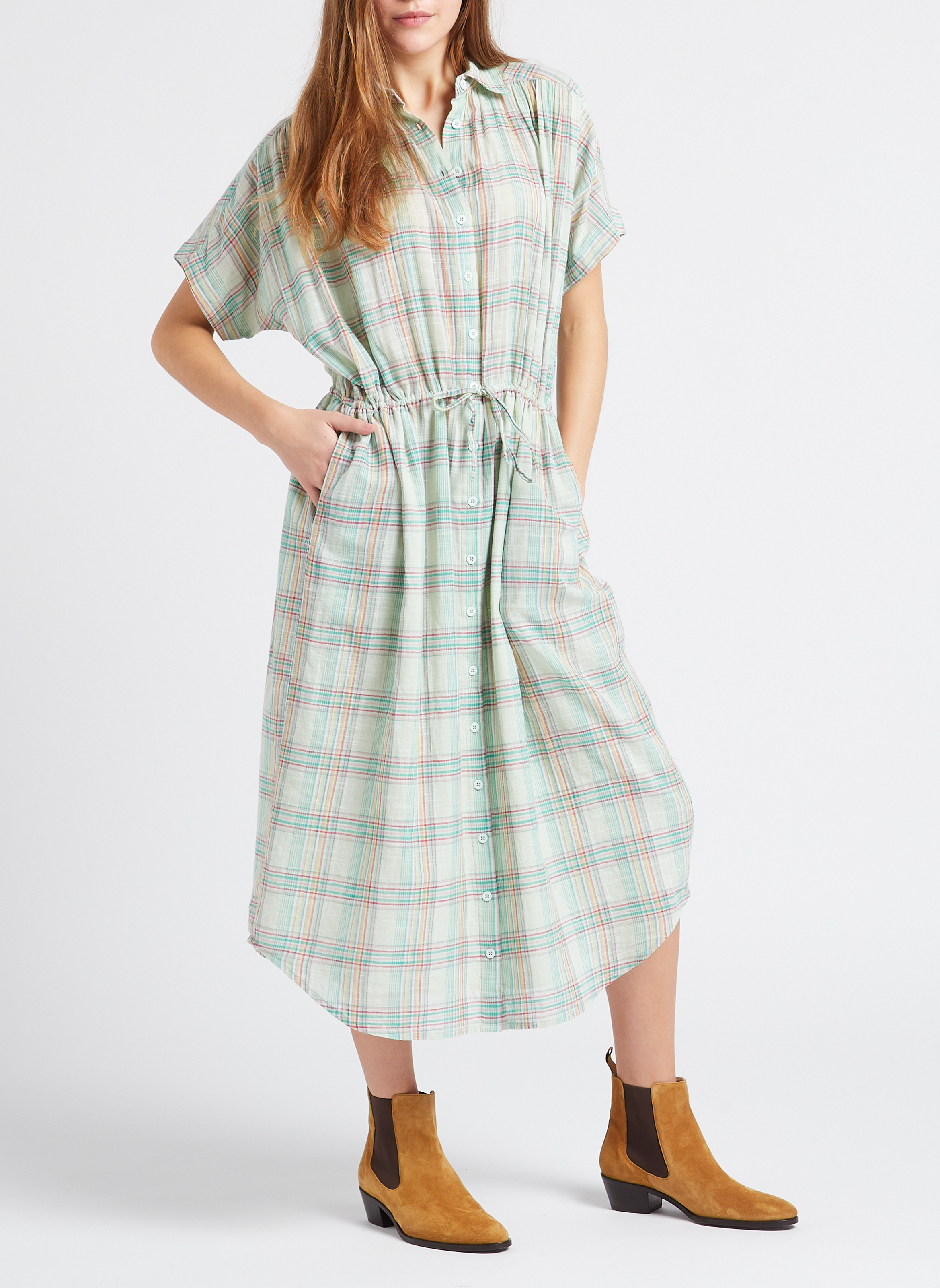 Wijde, halflange katoenen jurk met ruitjes en klassieke kraag SWILDENS Blauw