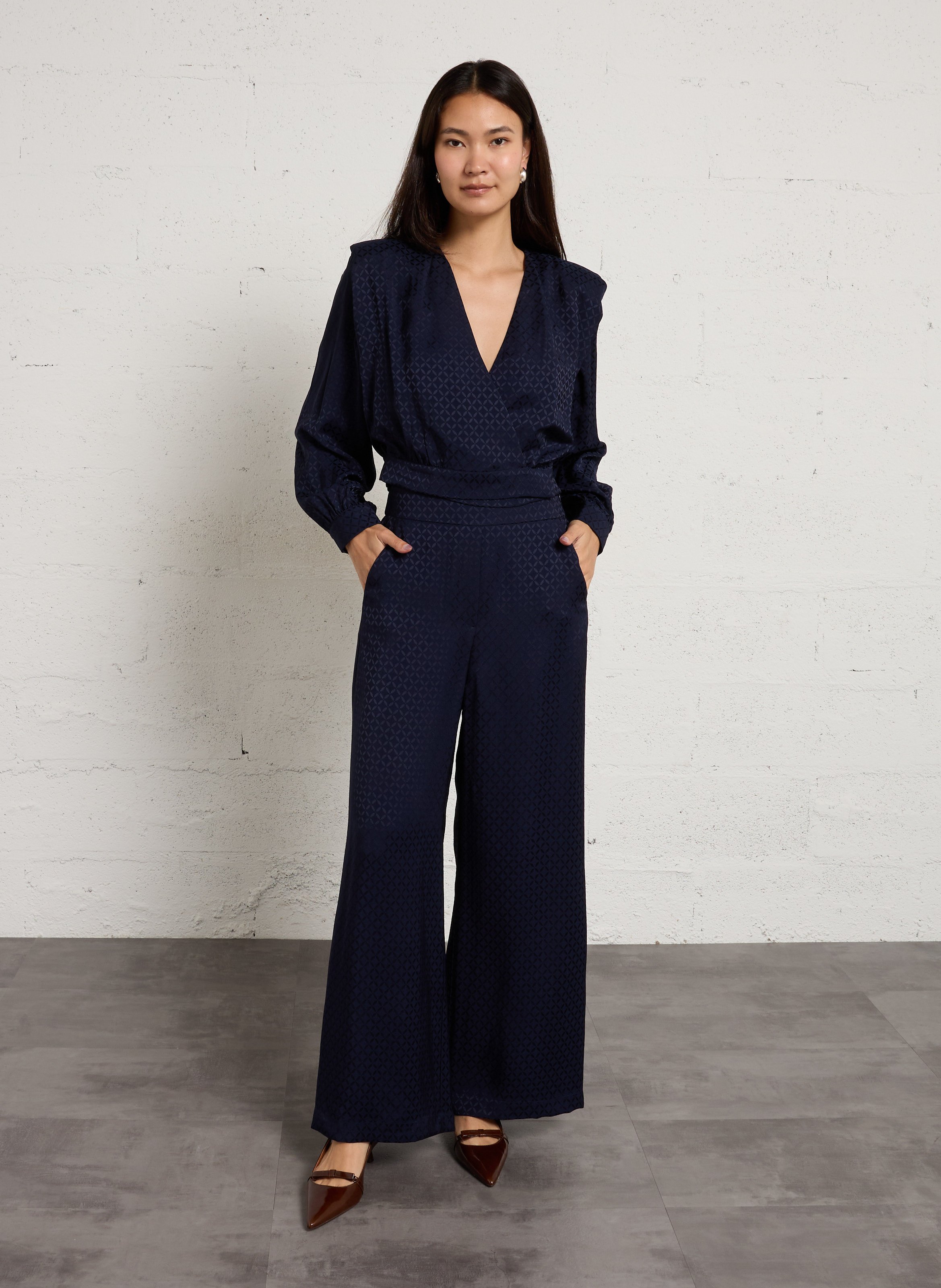 Short V-neck jacquard blouse SUNCOO Blue