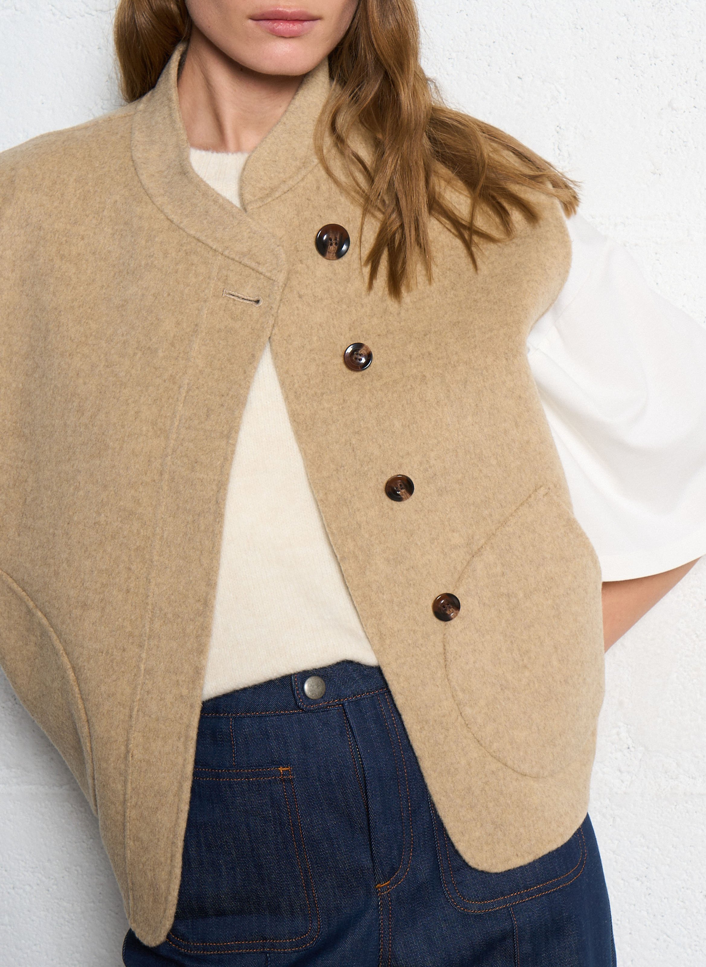 Short high-neck wool blend jacket SOEUR Beige