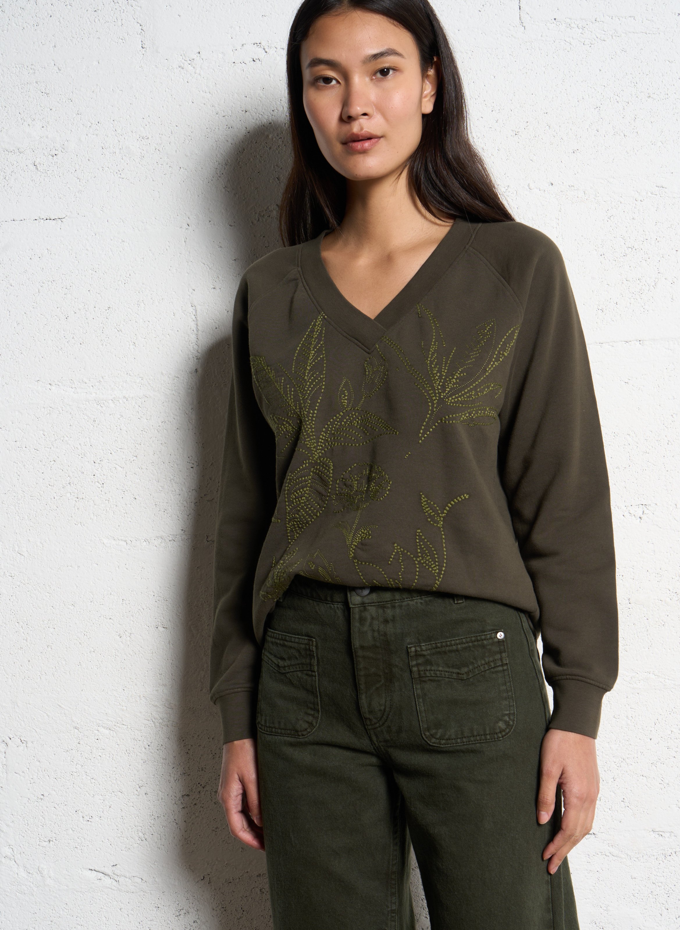 Sweat col V en coton ONE STEP Kaki