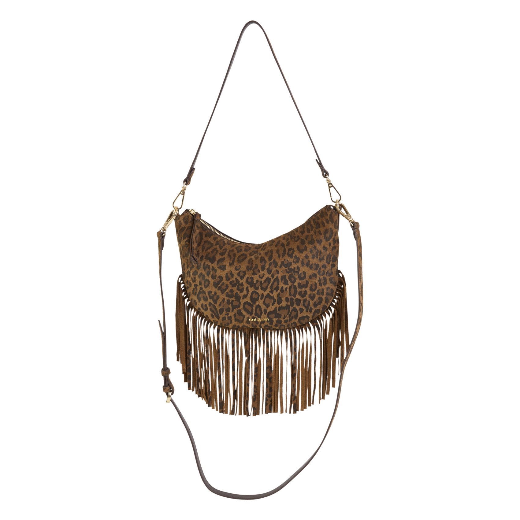 Sac bandoulière à franges en cuir NAT & NIN Marron
