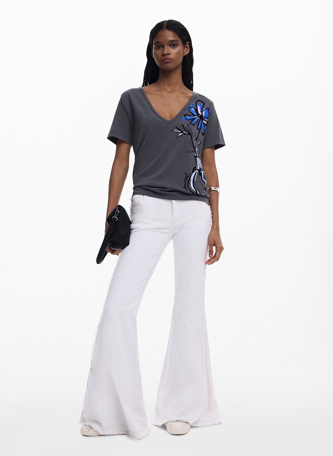 Tee-shirt col V en coton DESIGUAL Noir