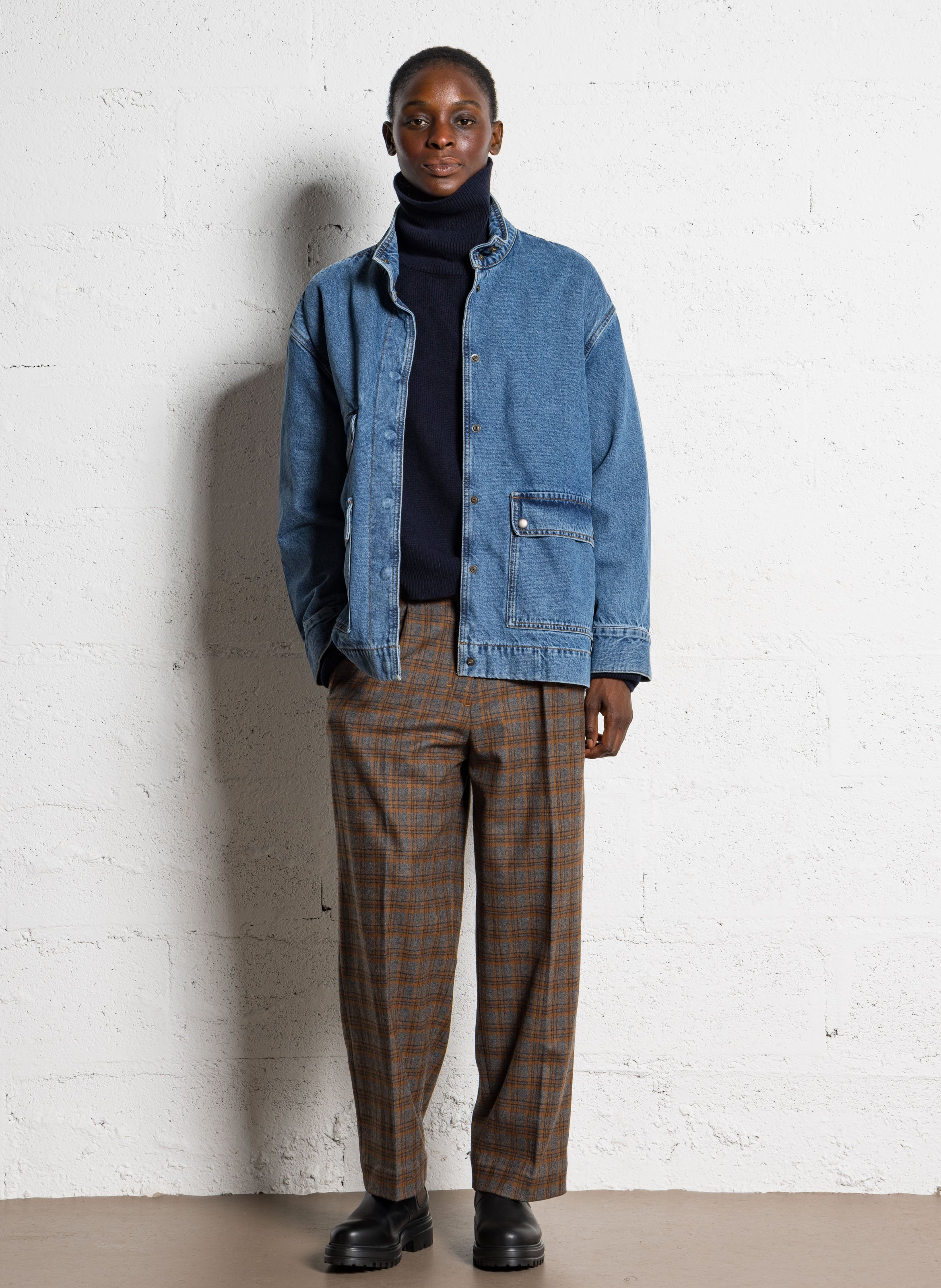 Cotton denim high-neck jacket BELLEPIECE Blue