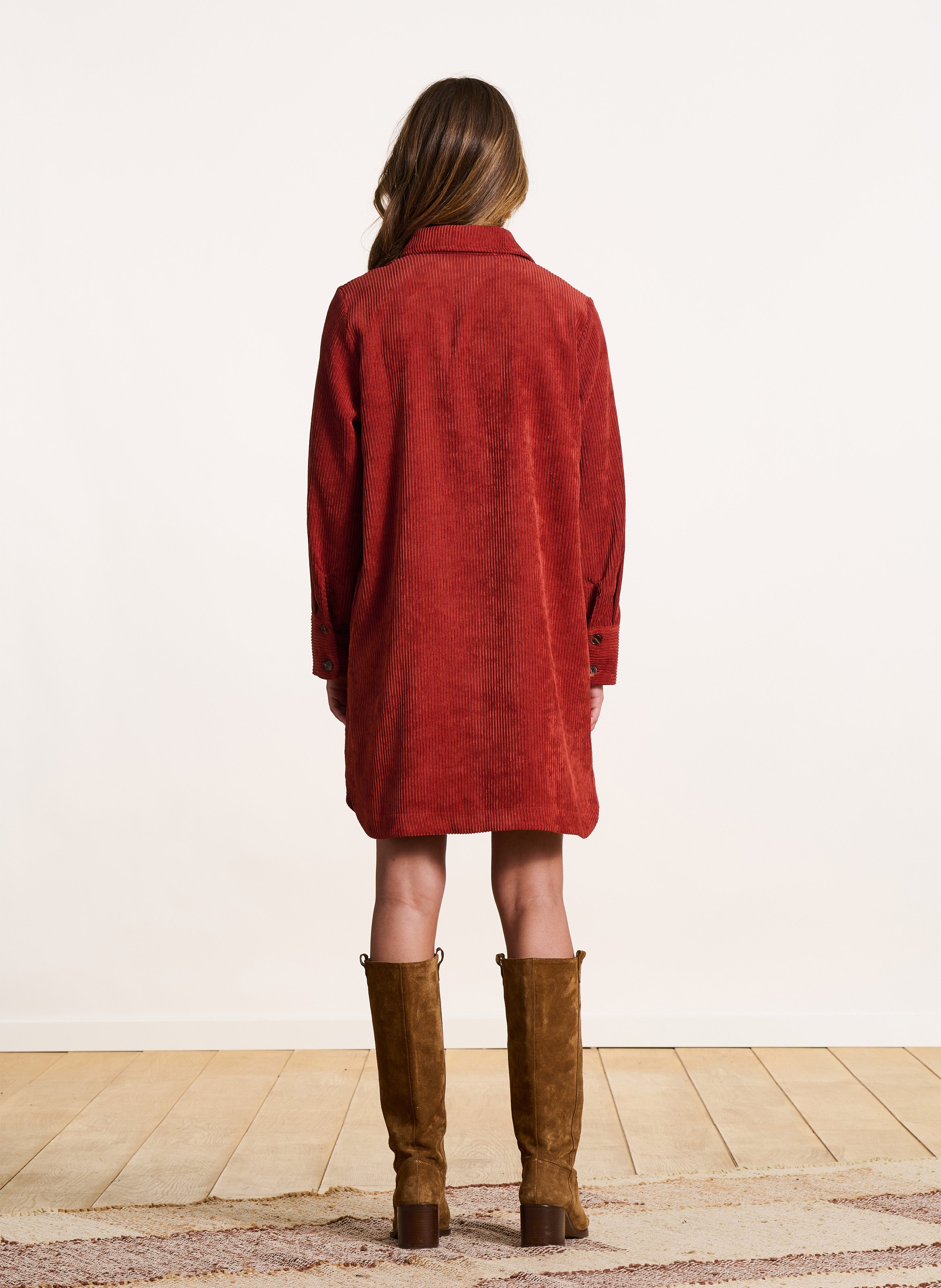 Robe courte chemise en velours côtelé Rouge