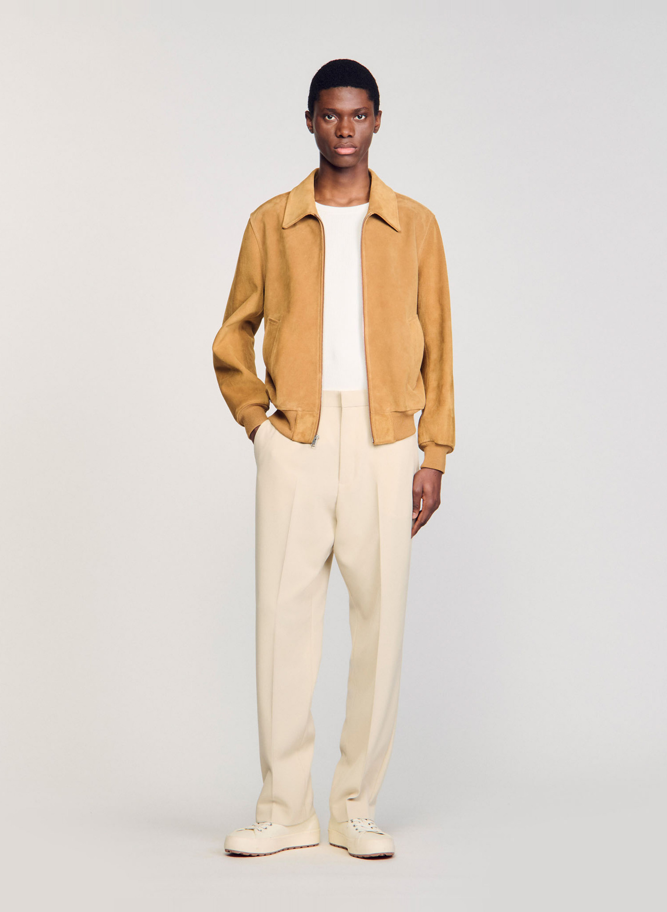 Blouson droit col classique en cuir SANDRO Marron