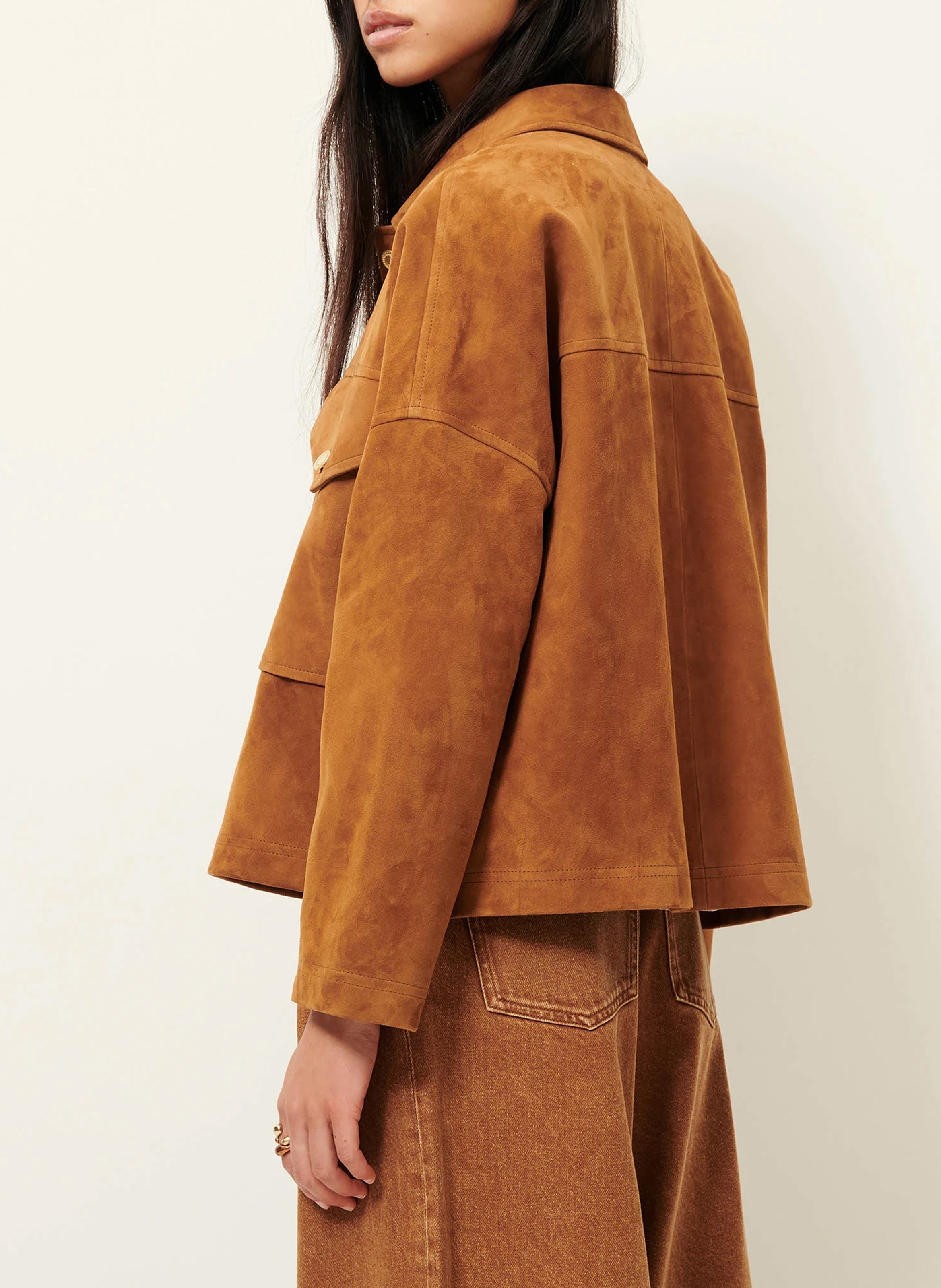 Straight jacket with classic collar in suede leather SESSUN Brown
