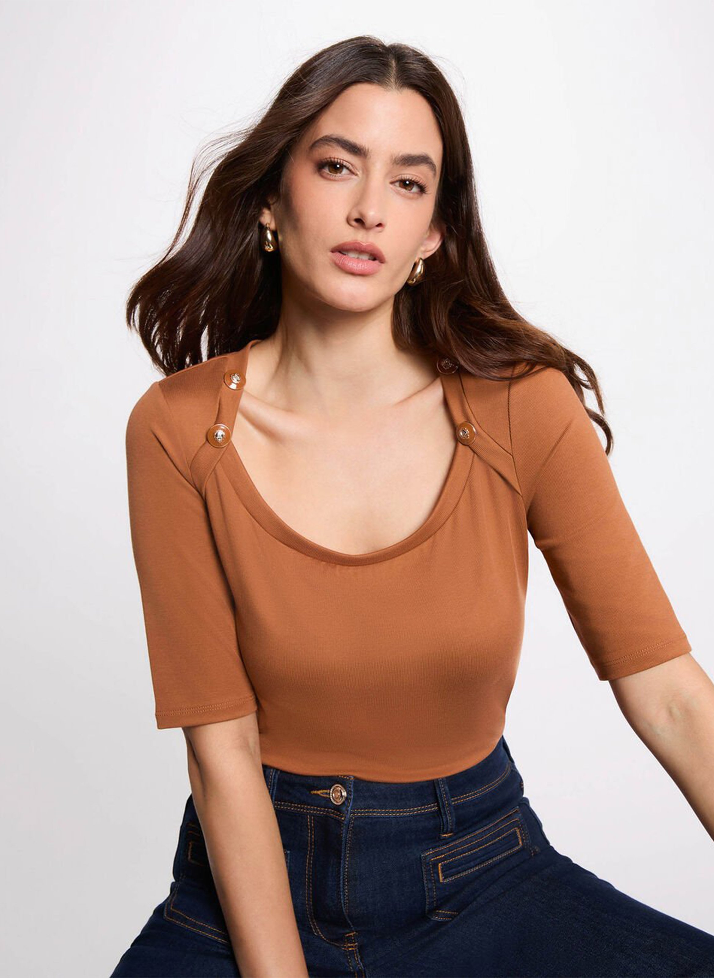 Fitted plain boat neck t-shirt MORGAN Brown