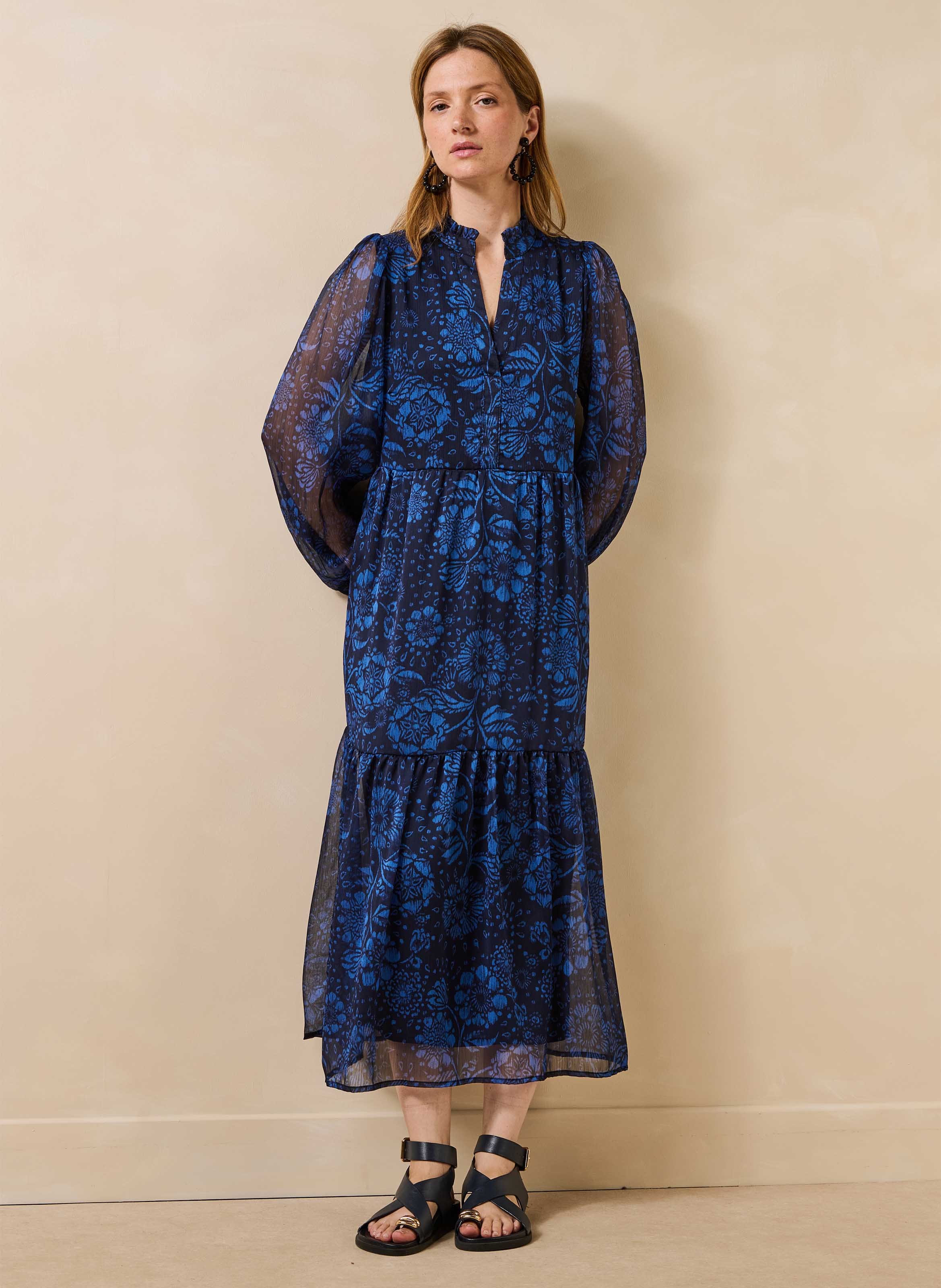 Weites langes Kleid aus bedrucktem Voile LA FEE MARABOUTEE Blau