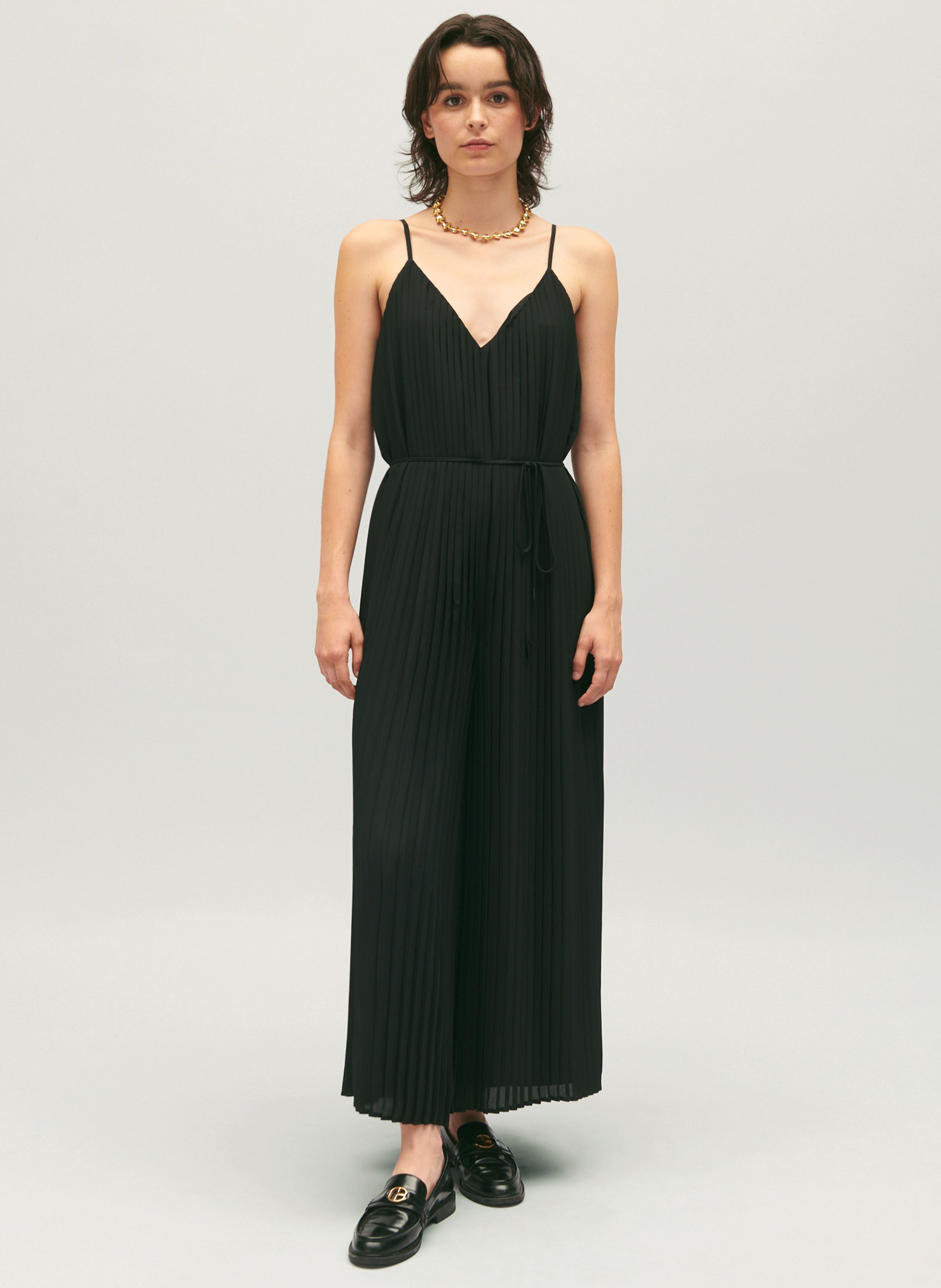 Black Pleated V neck jumpsuit