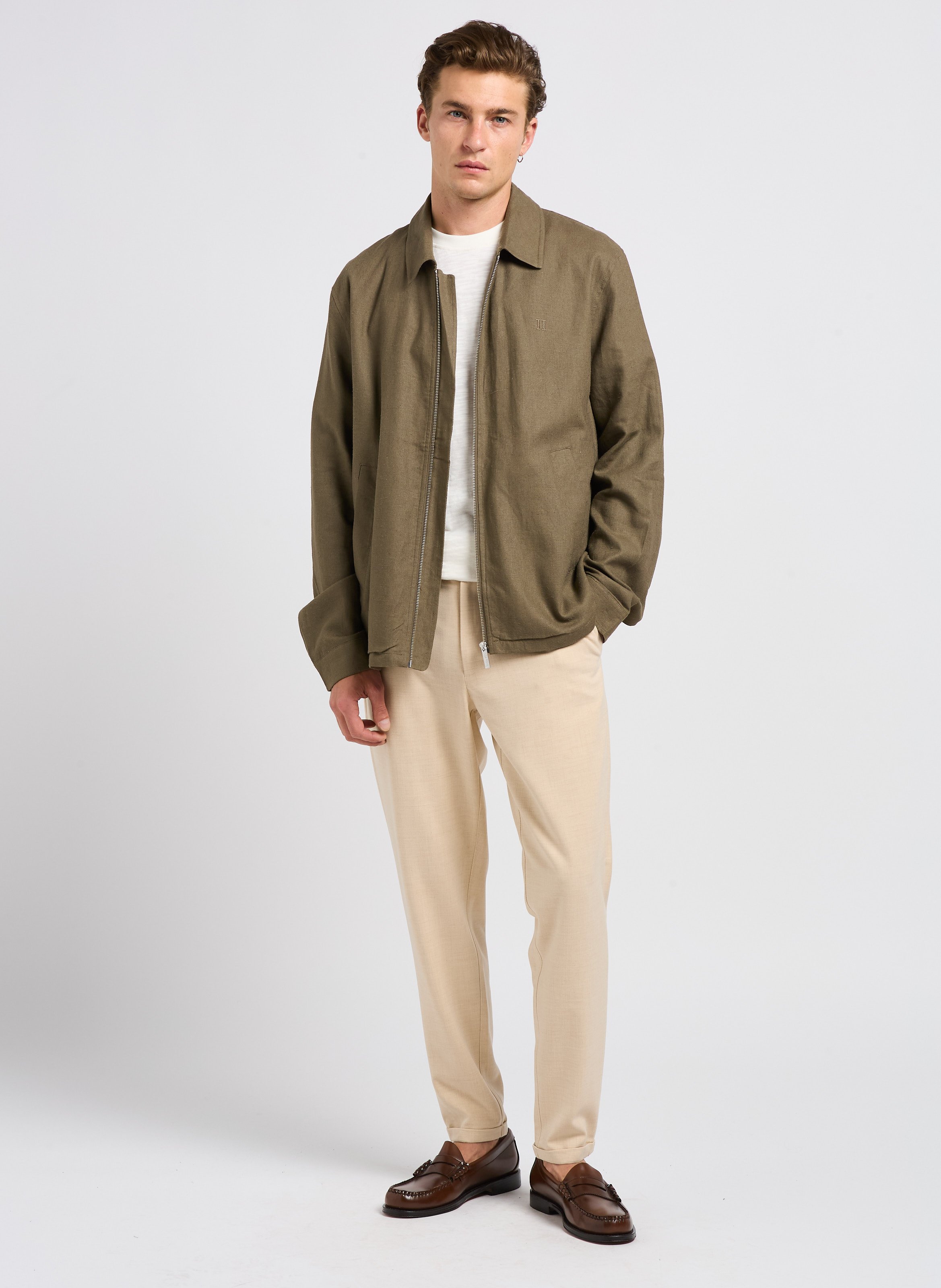 Jacket with classic collar in blended linen Brown
