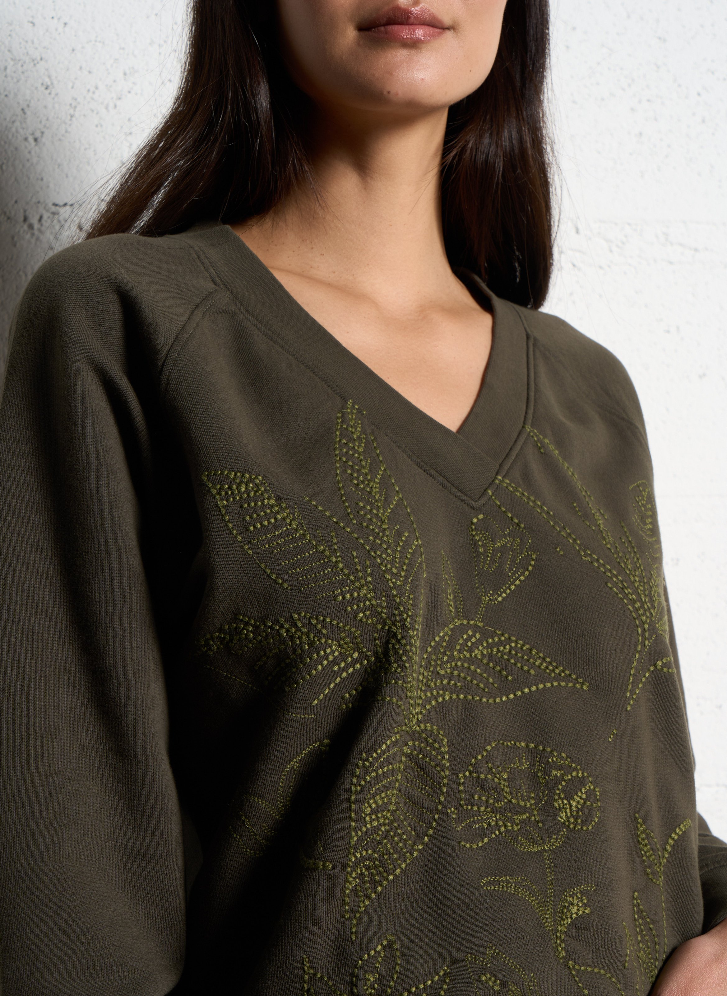 Sweat col V en coton ONE STEP Kaki