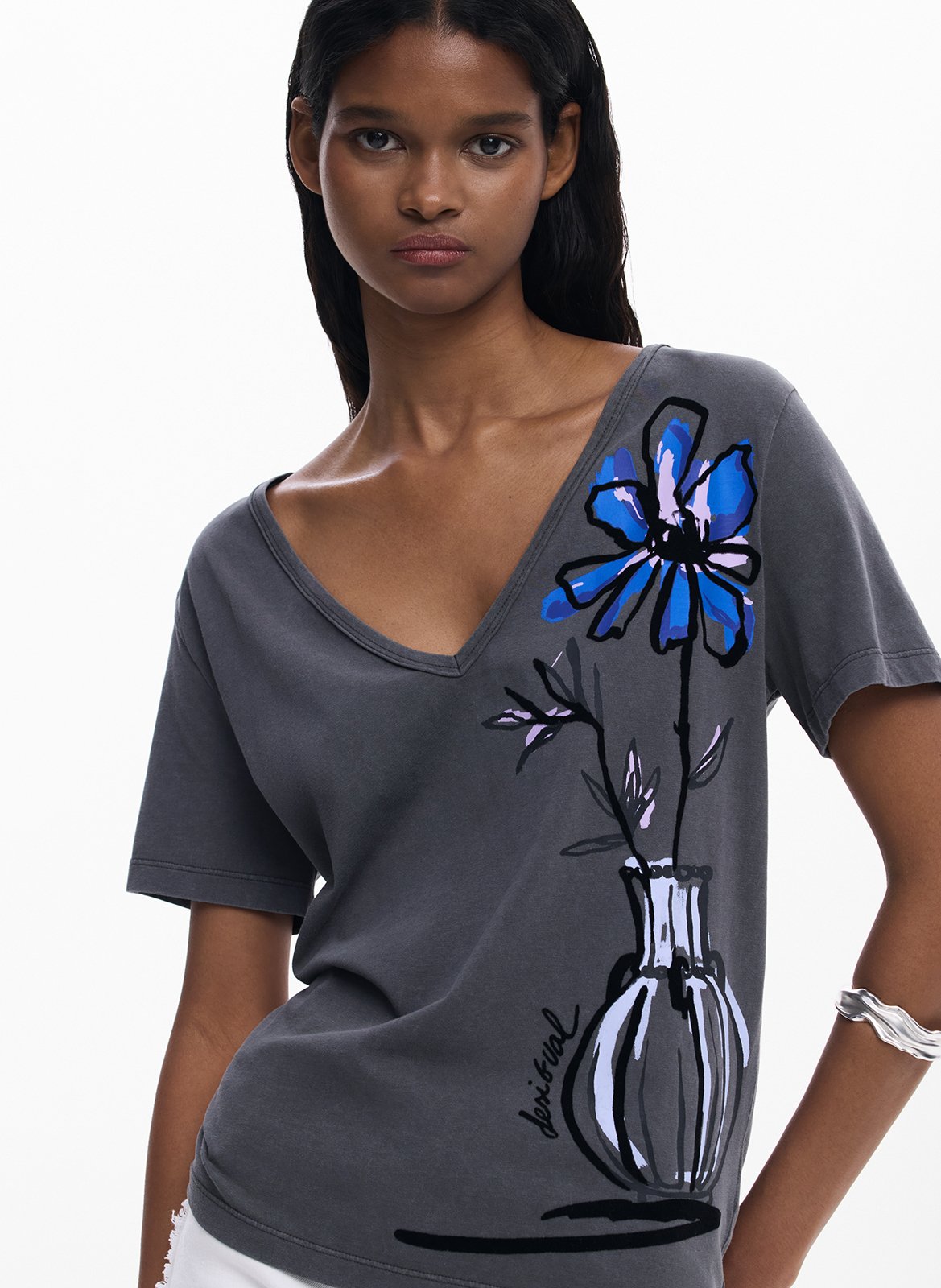 Tee-shirt col V en coton DESIGUAL Noir