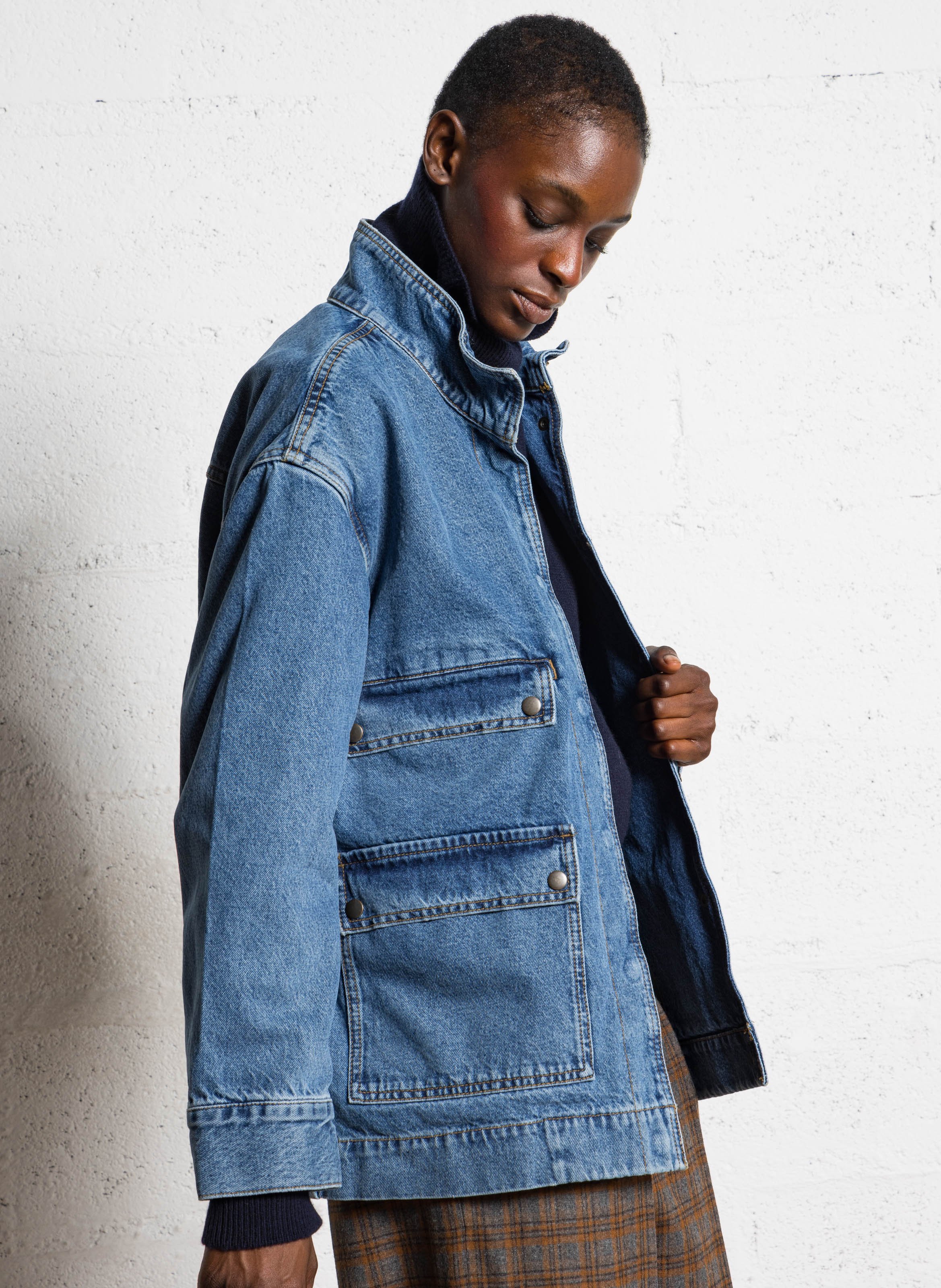 Cotton denim high-neck jacket BELLEPIECE Blue