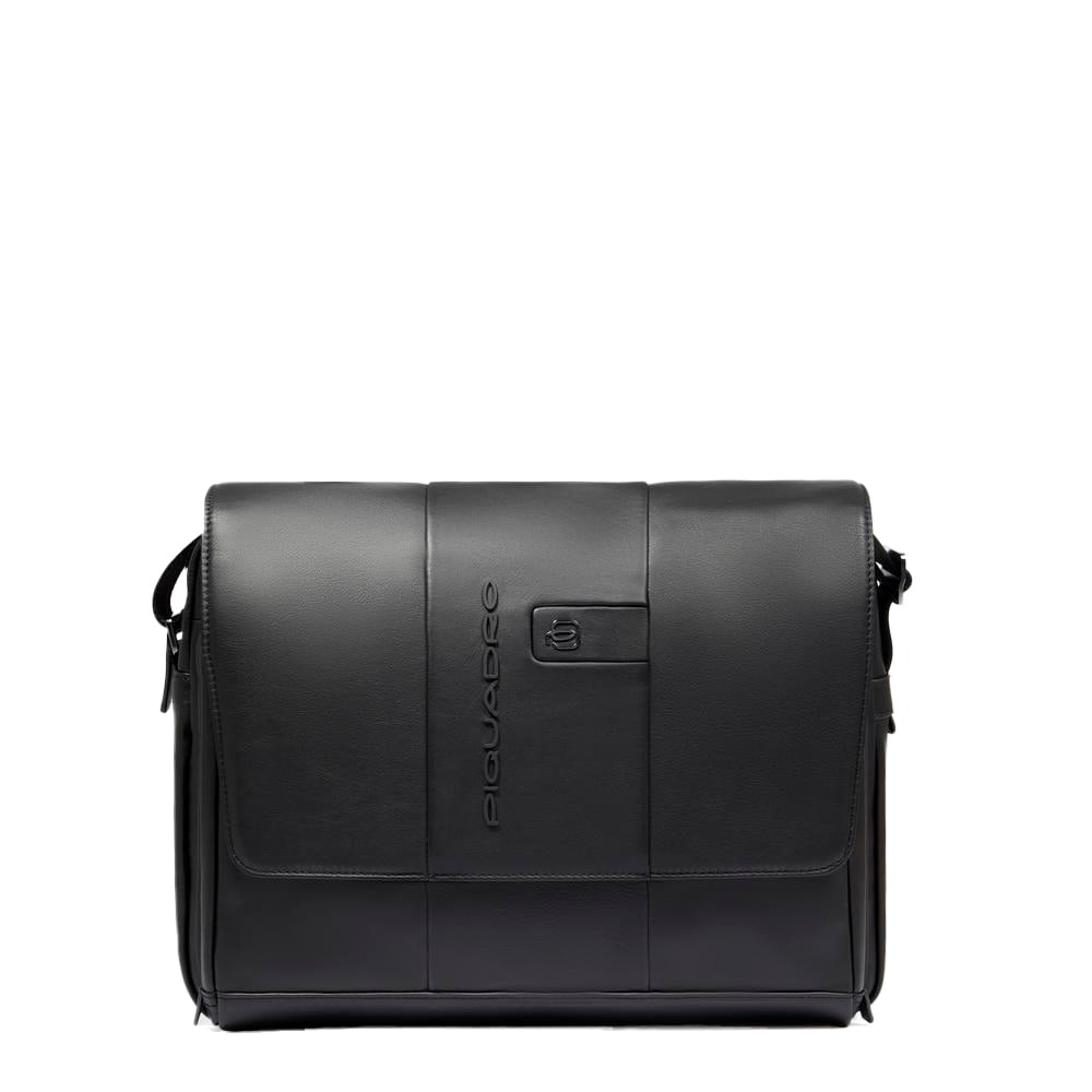 Leather computer messenger bag with pocket for airpods®, shock protection, and RFID. PIQUADRO Black