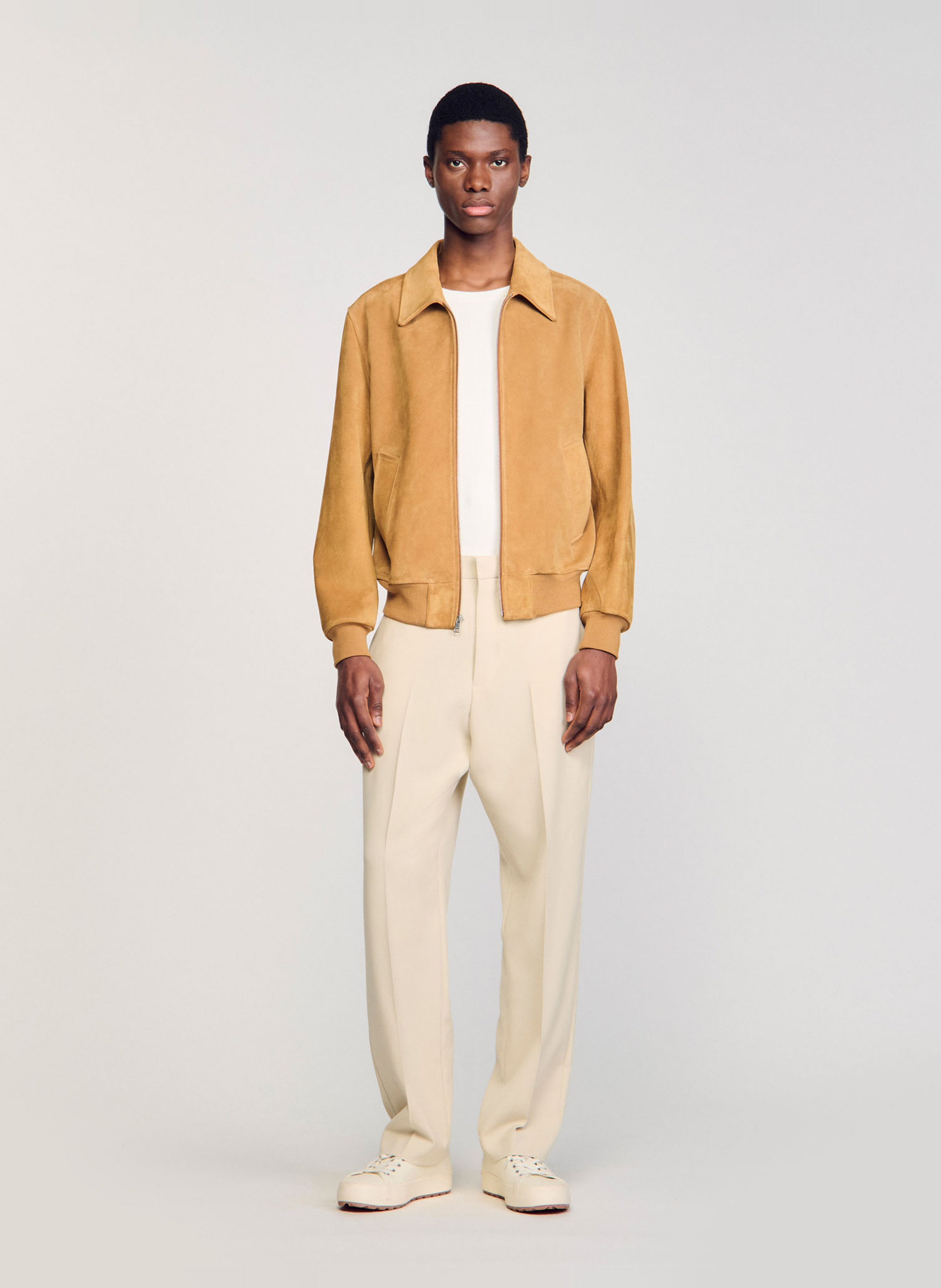 Blouson droit col classique en cuir SANDRO Marron