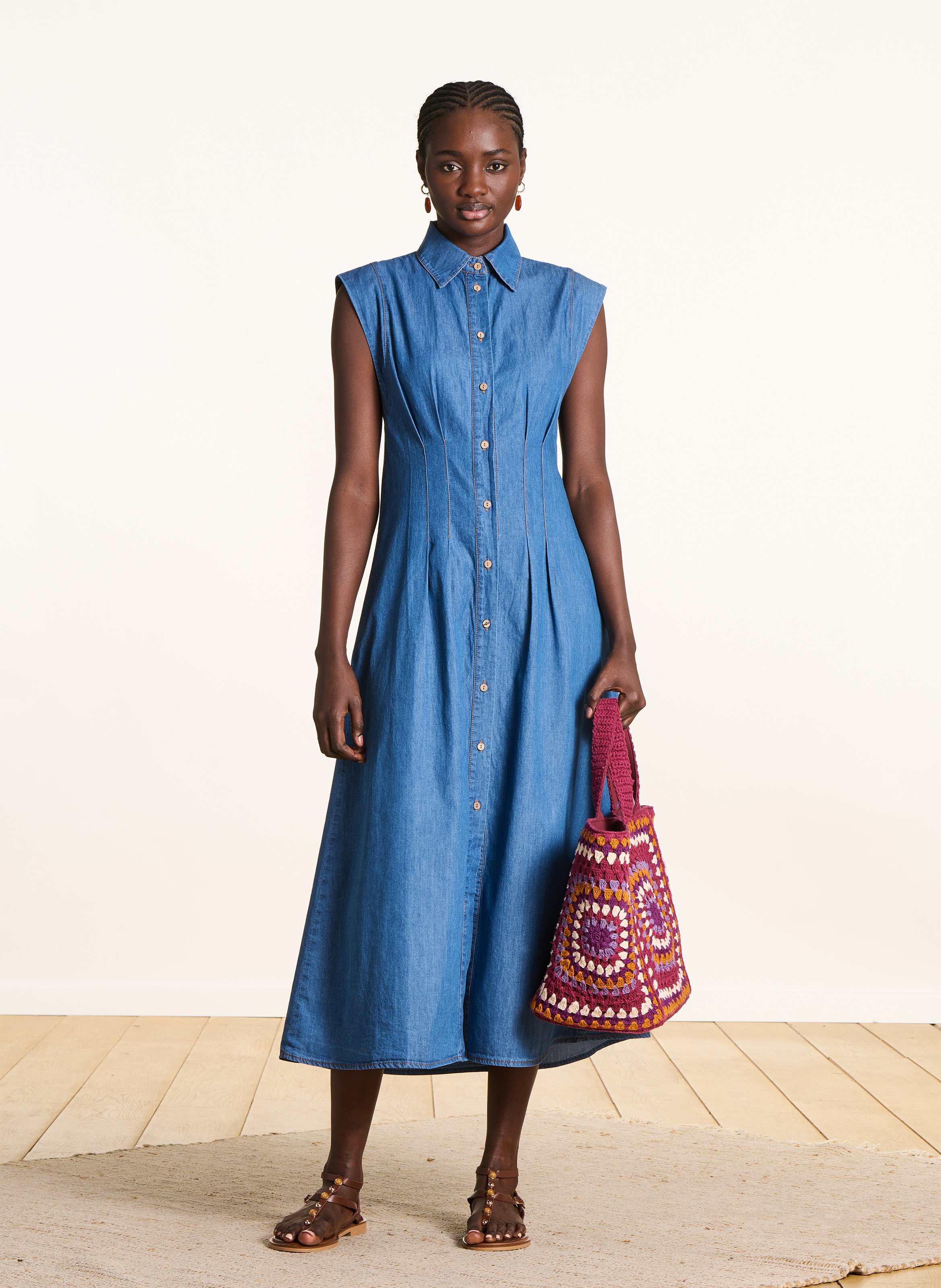 Robe longue col classique en coton LA FEE MARABOUTEE Bleu