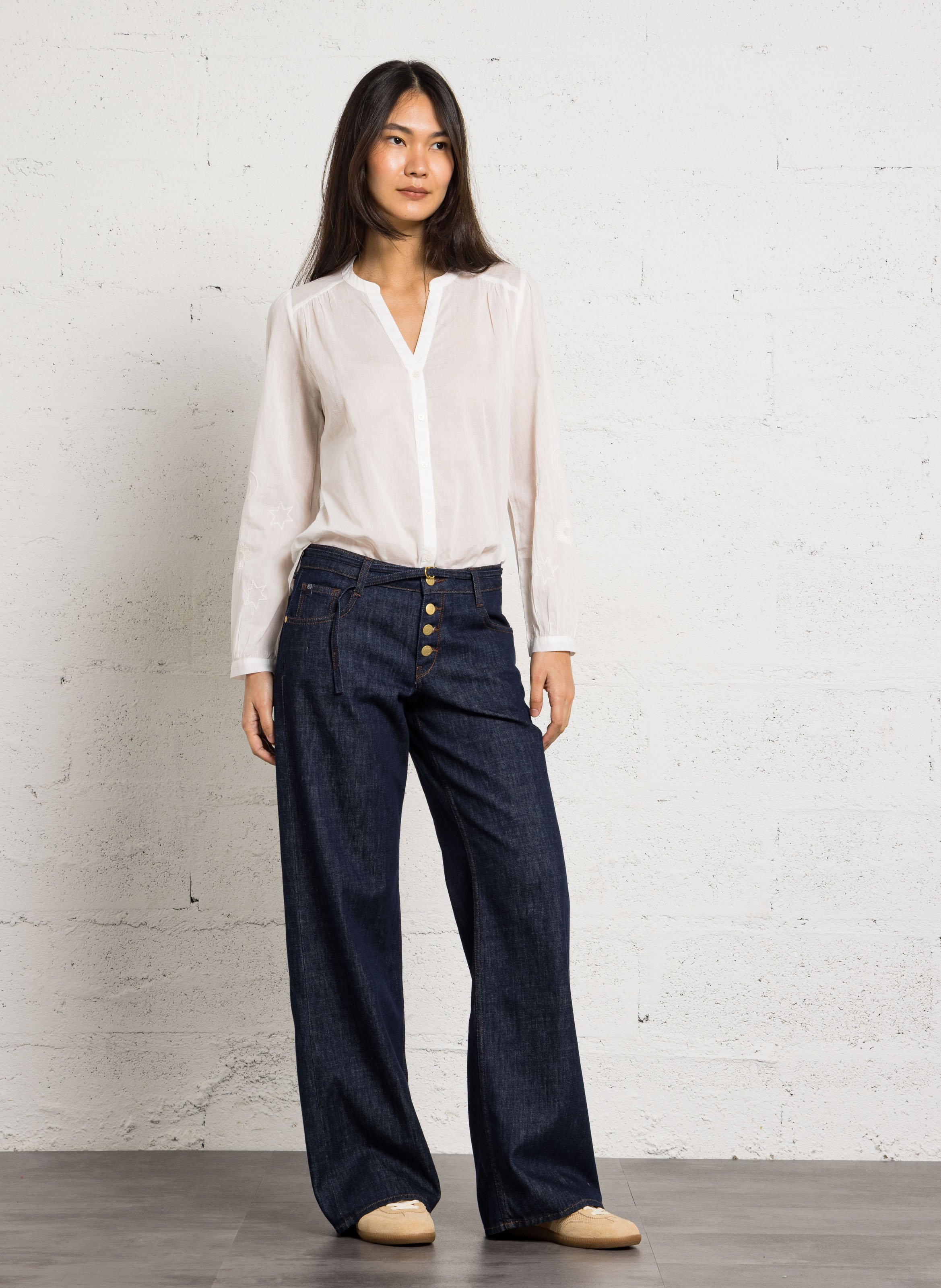 Embroidered cotton tunic collar blouse LA PETITE ETOILE Beige