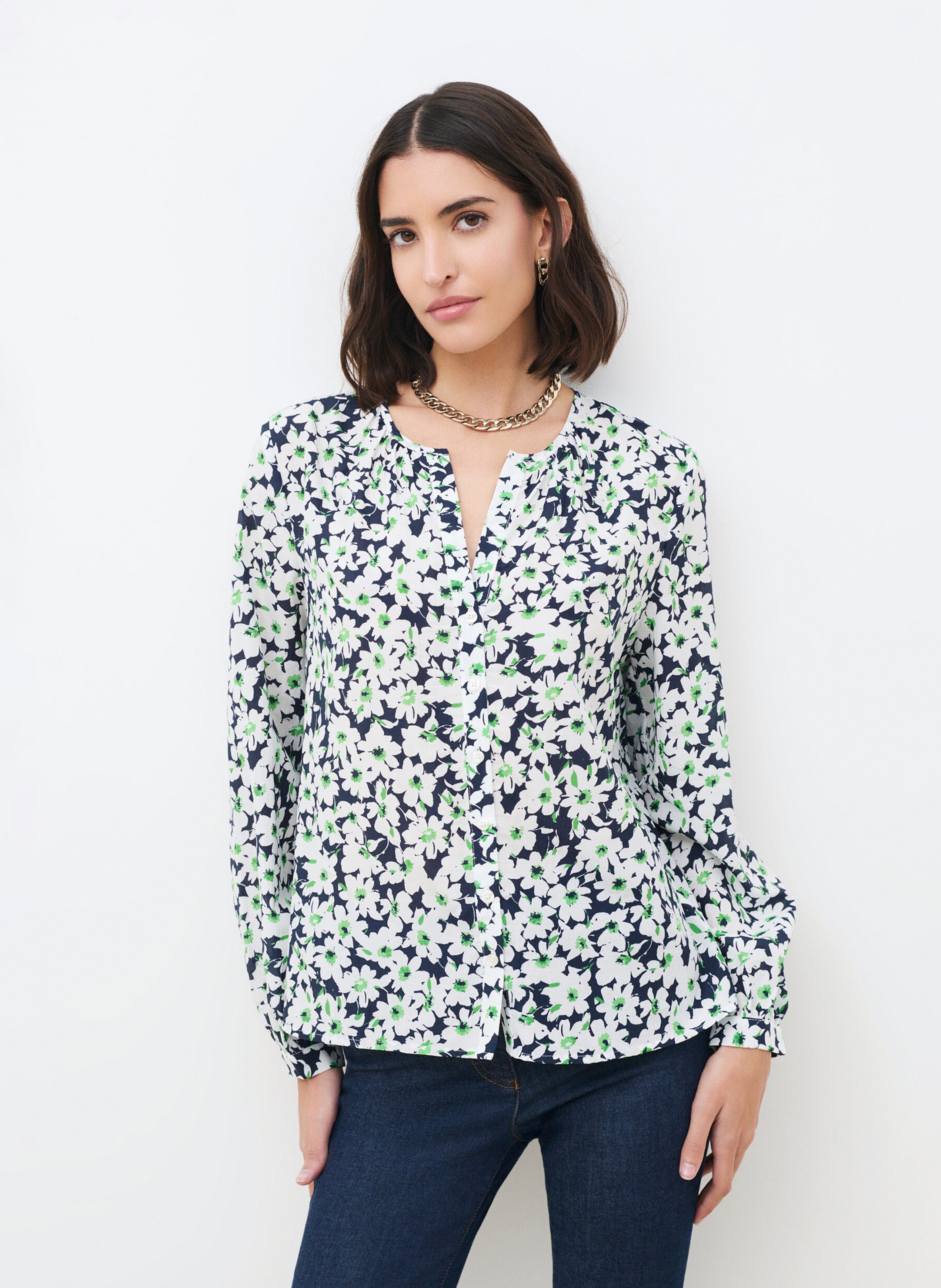 Blouse col V en coton mélangé CAROLL Bleu