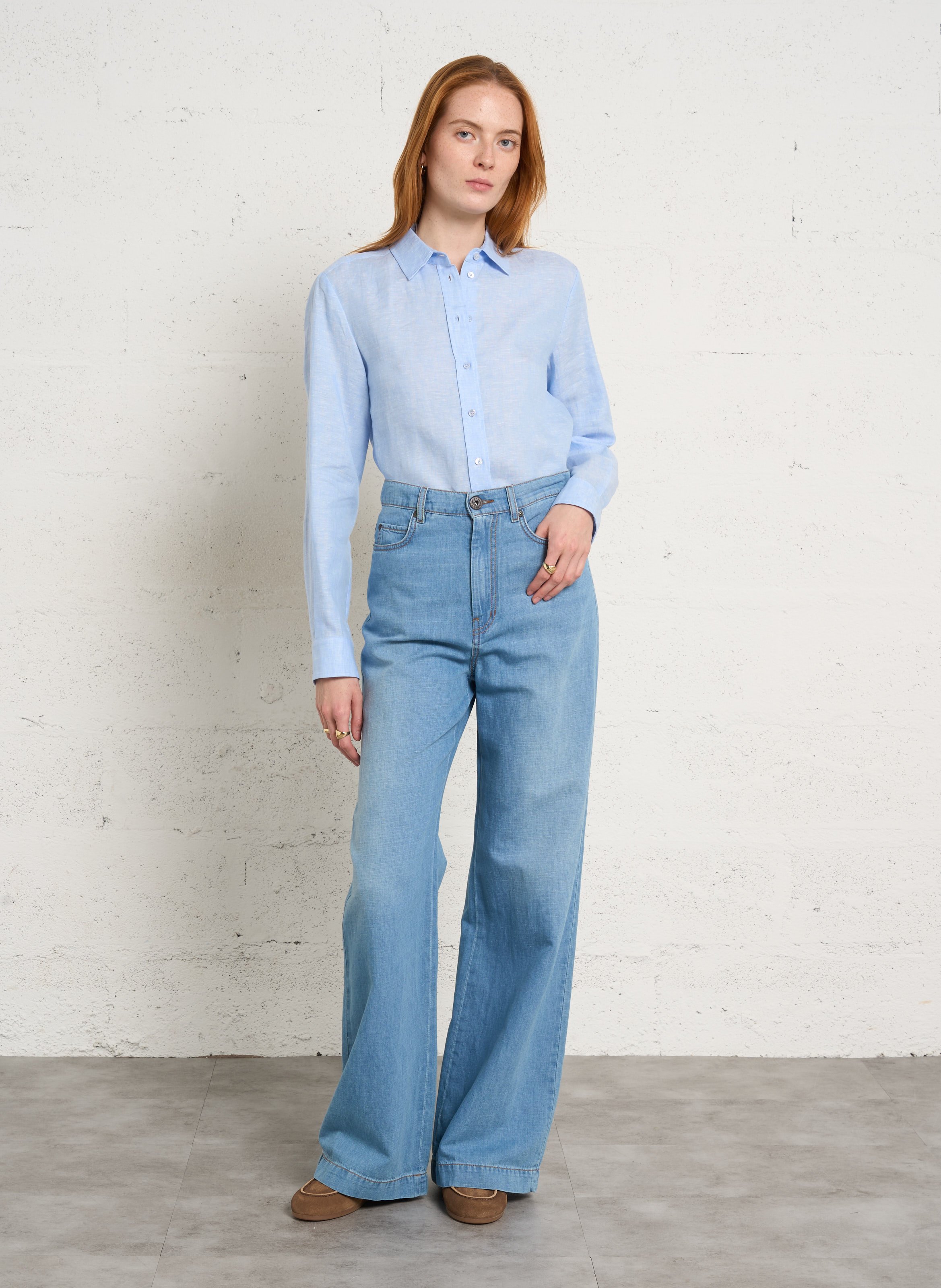 Hoch geschnittene Flare-Jeans aus Baumwolle und Leinen MAX MARA WEEK END Blau