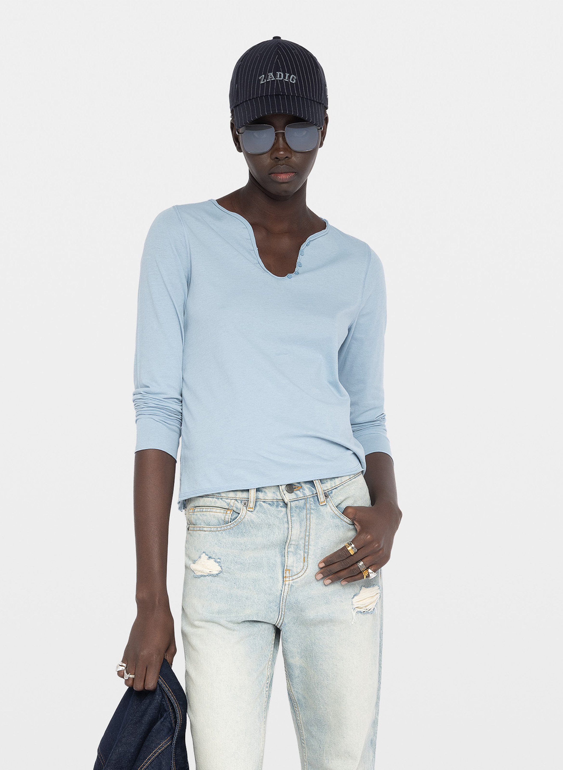 Tee-shirt col tunisien en coton bio ZADIG&VOLTAIRE Bleu