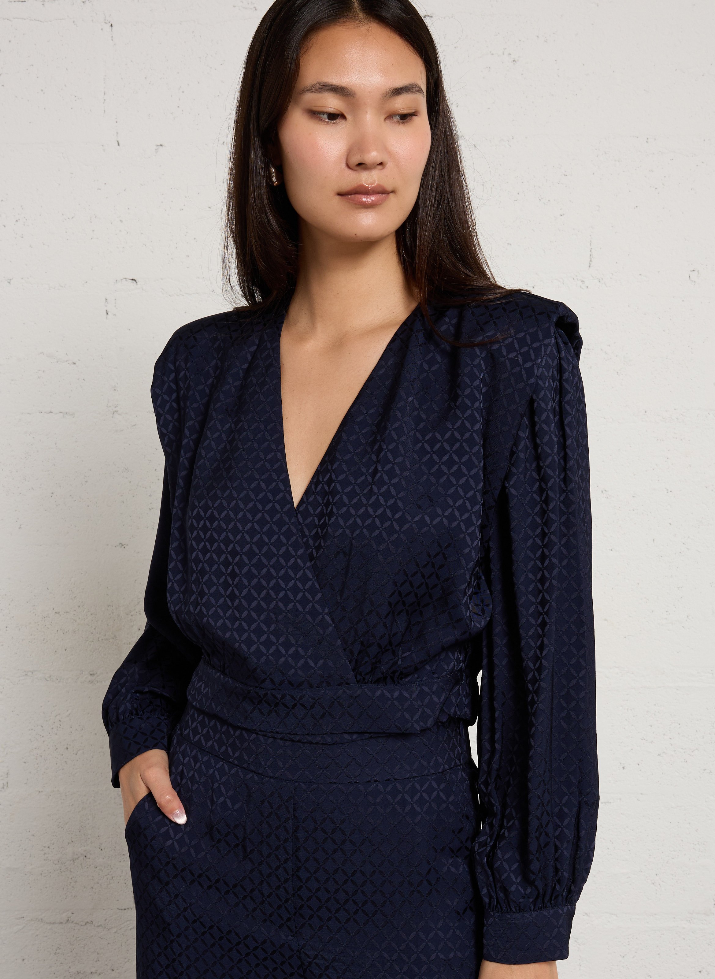 Short V-neck jacquard blouse SUNCOO Blue