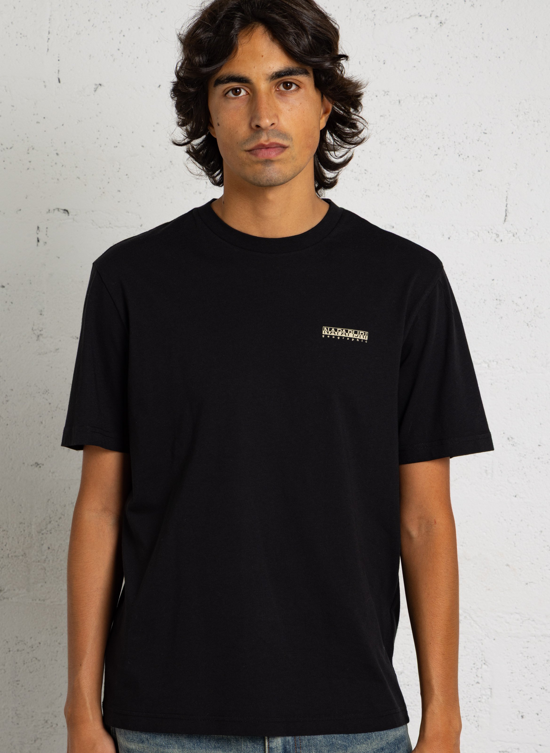 Straight round-neck cotton T-shirt with screen print NAPAPIJRI Black