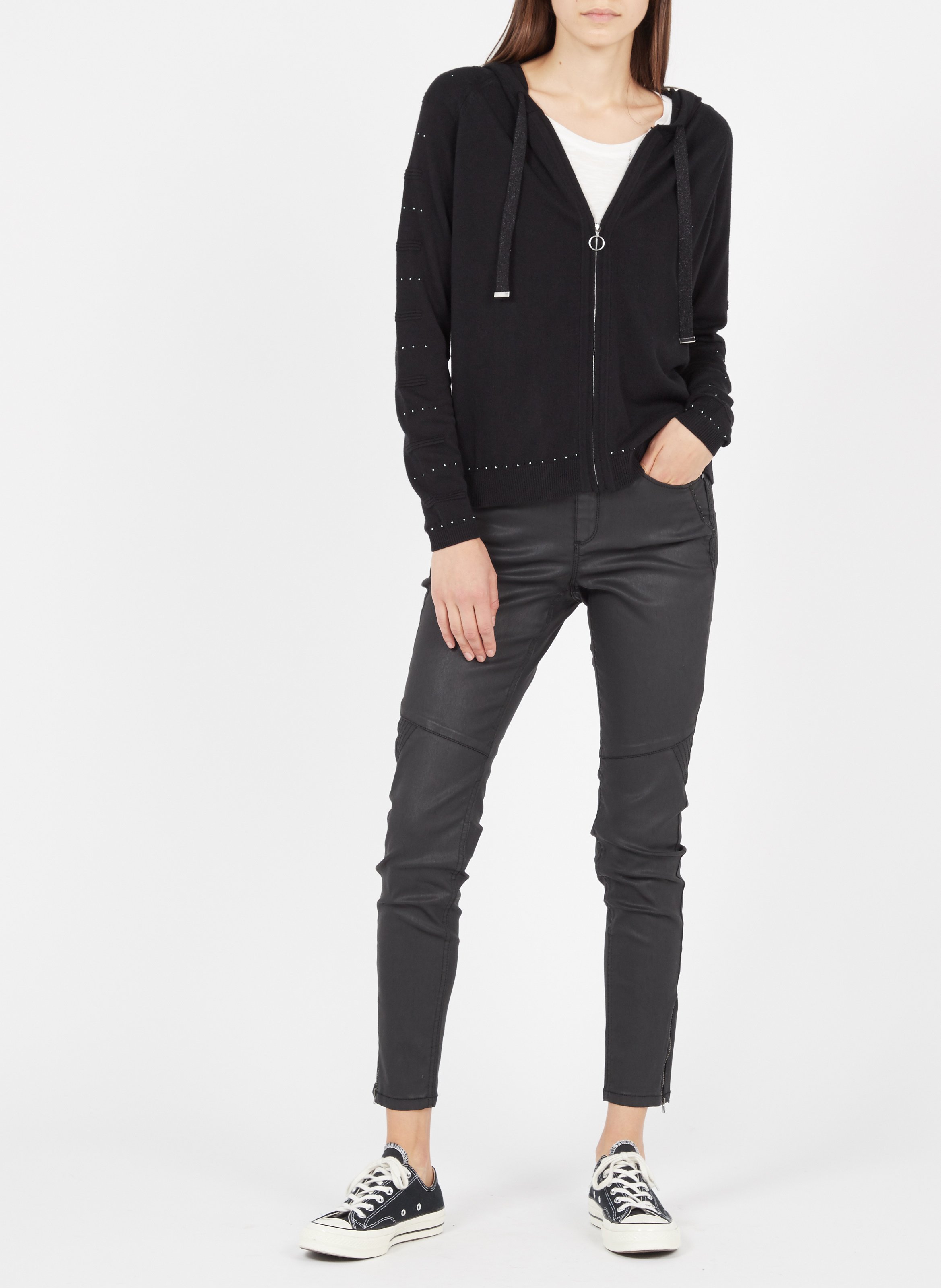 Zip-up cotton-blend cardigan with hood ONE STEP Black
