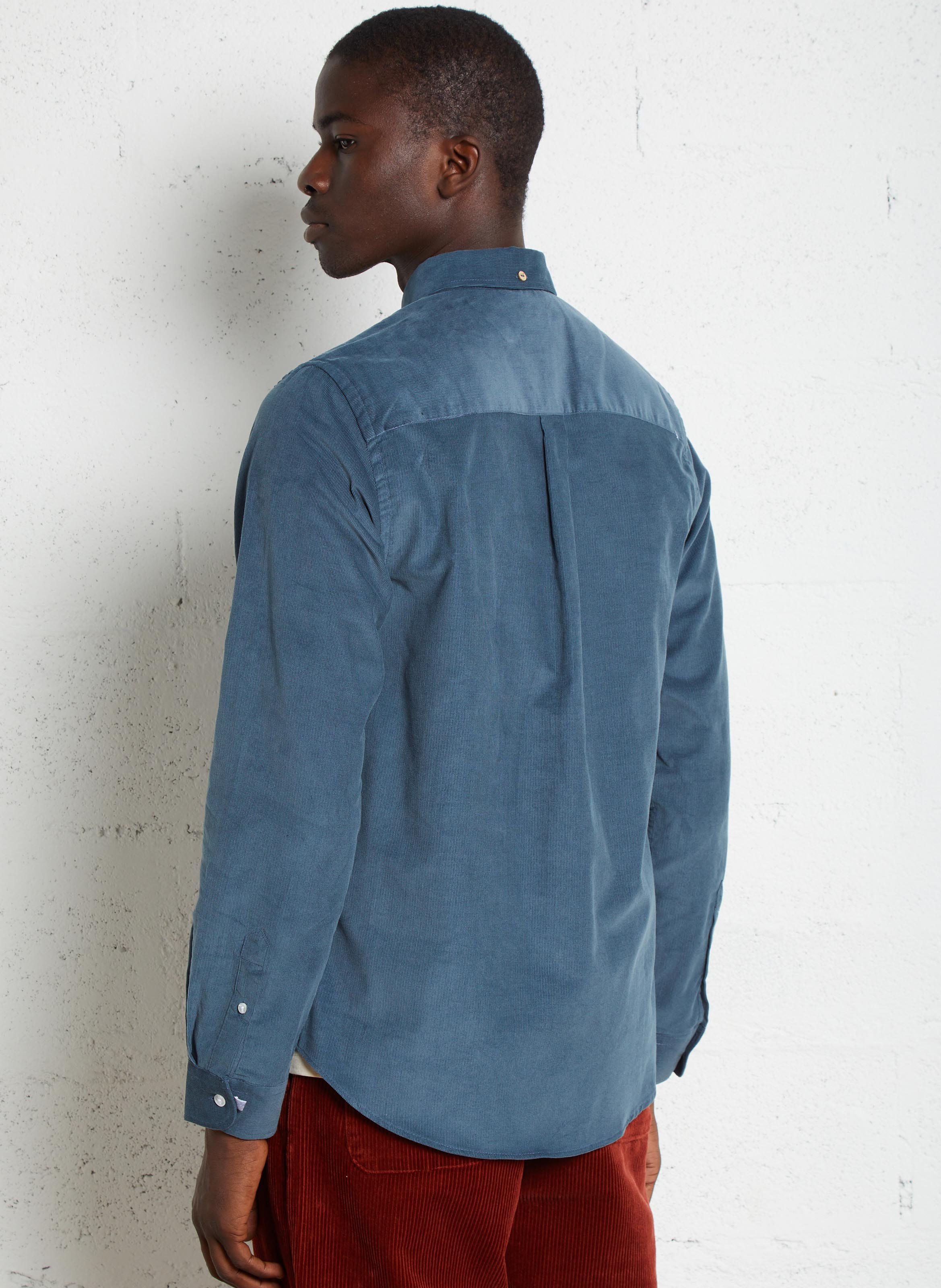 Straight shirt with buttoned collar in ribbed cotton velvet FAGUO Blue