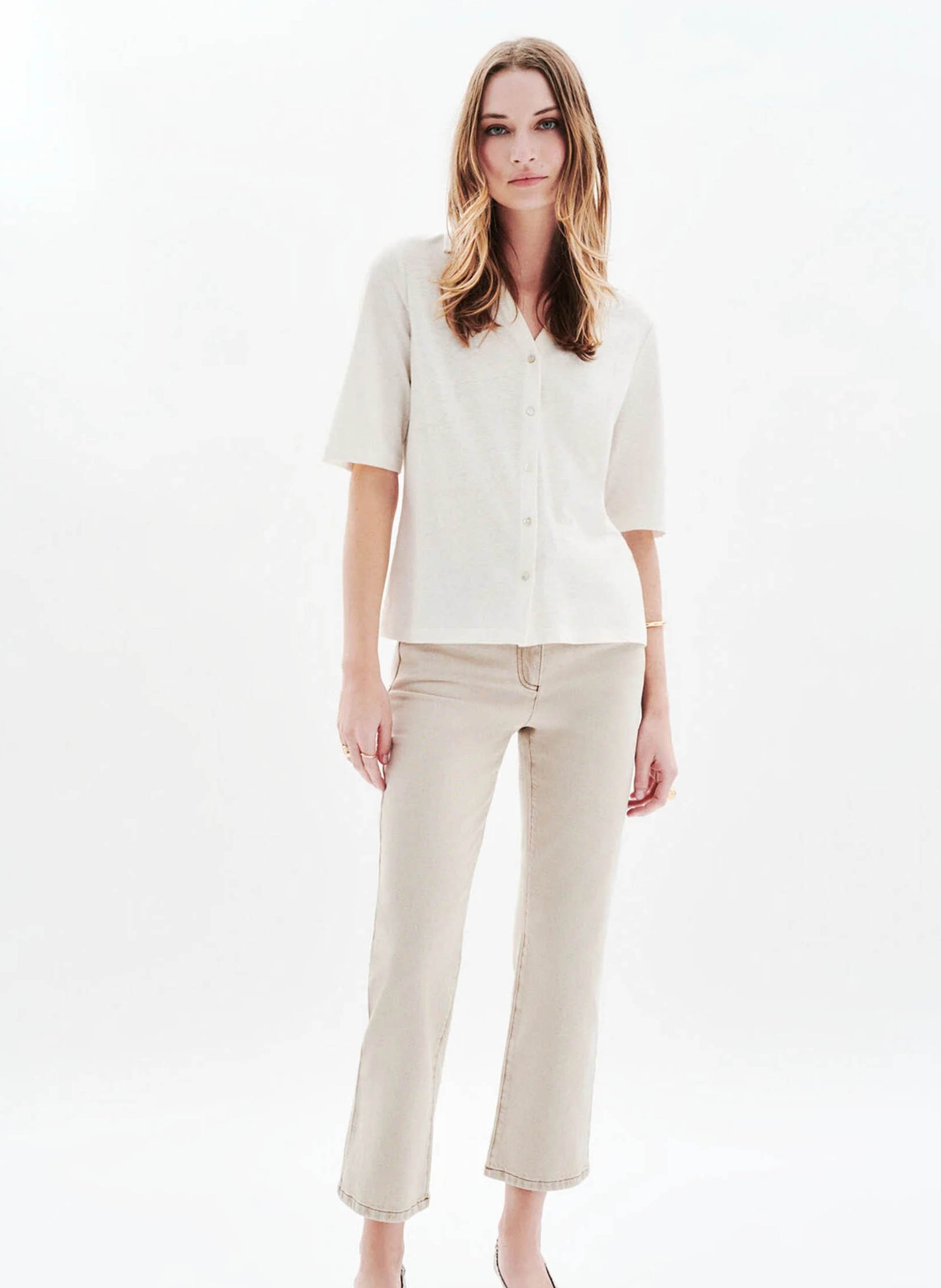Short-sleeved V-neck shirt CAROLL Beige