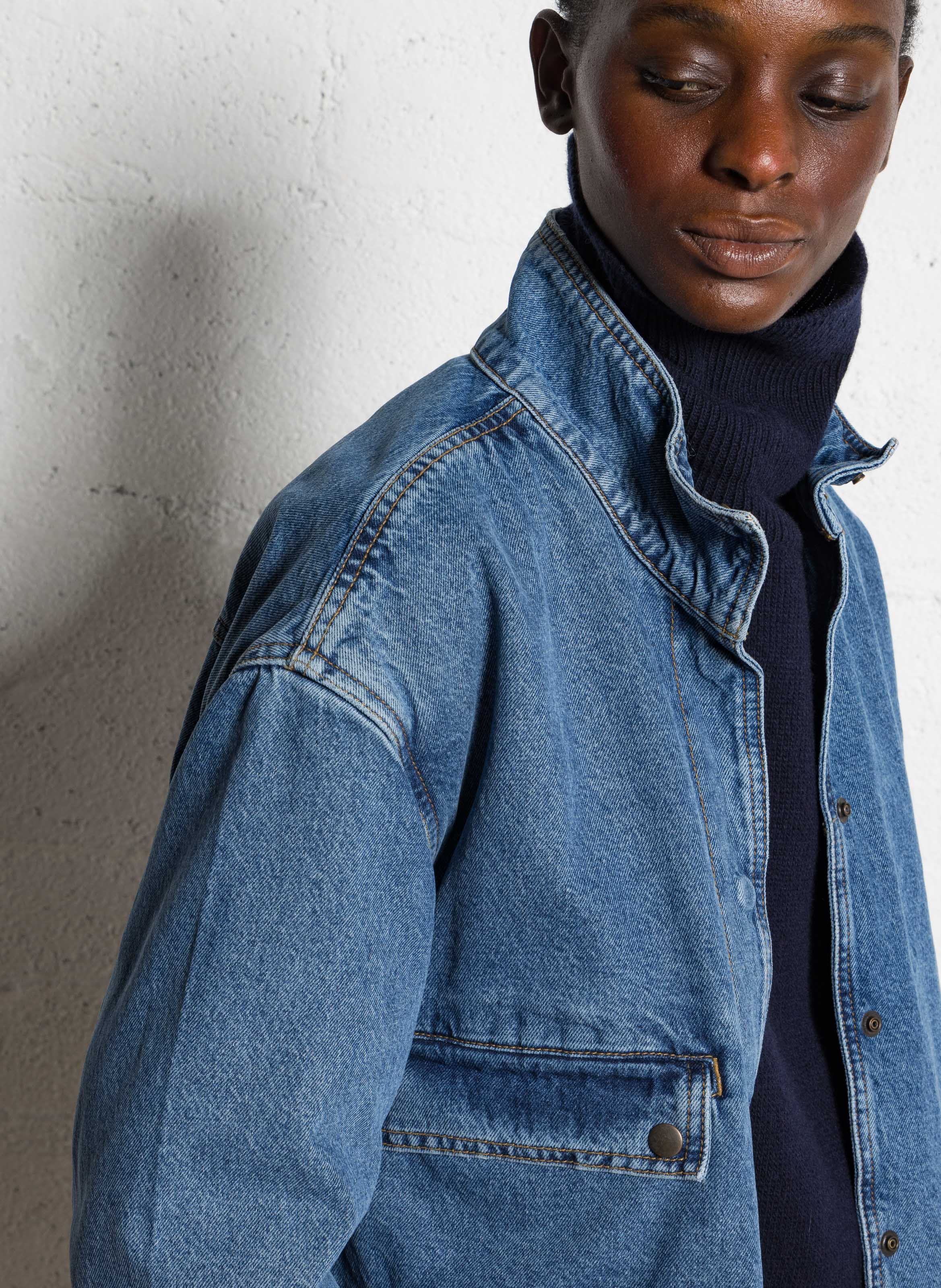 Cotton denim high-neck jacket BELLEPIECE Blue