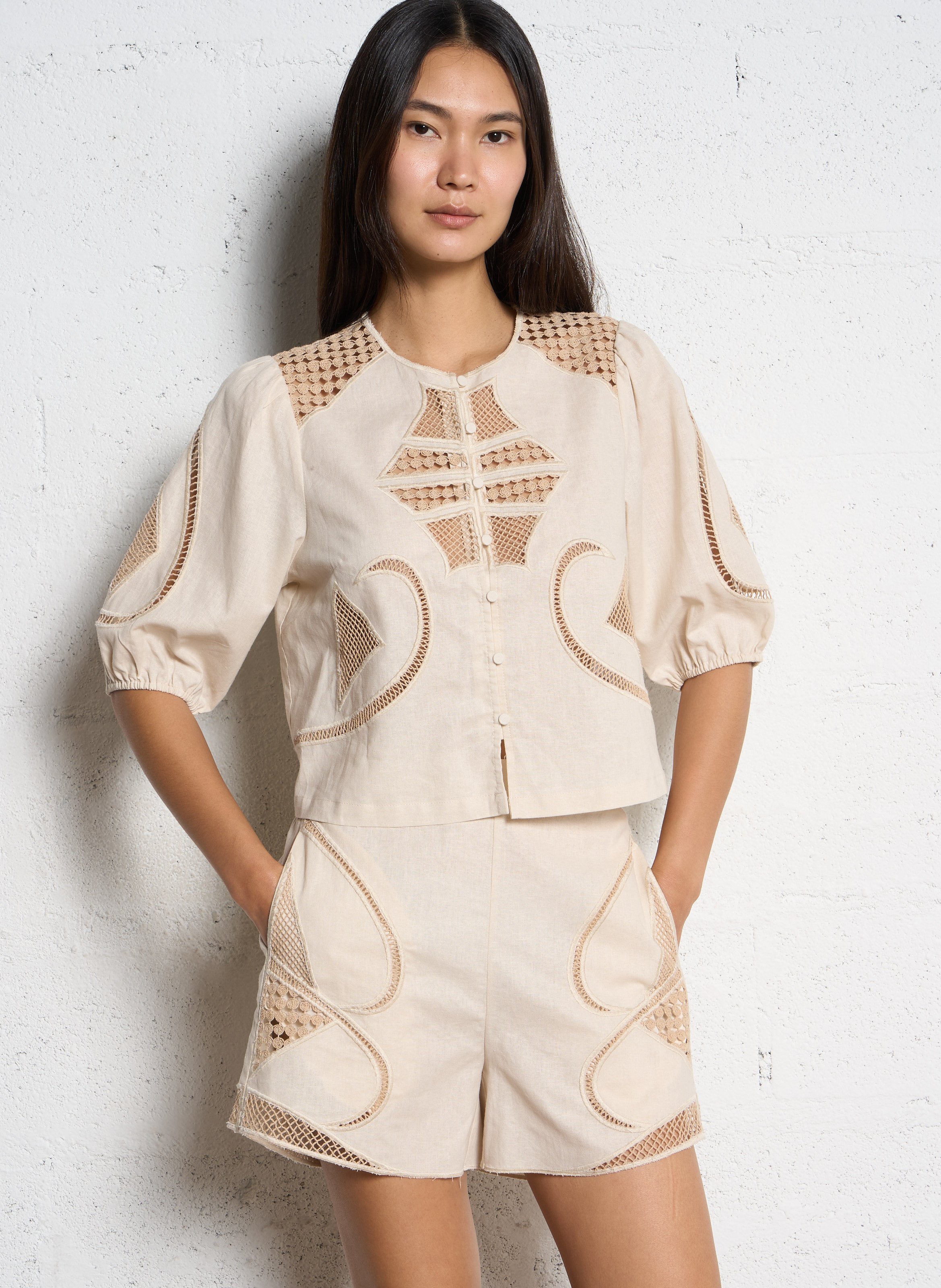 Top court droit col rond en lin et coton SUNCOO Beige