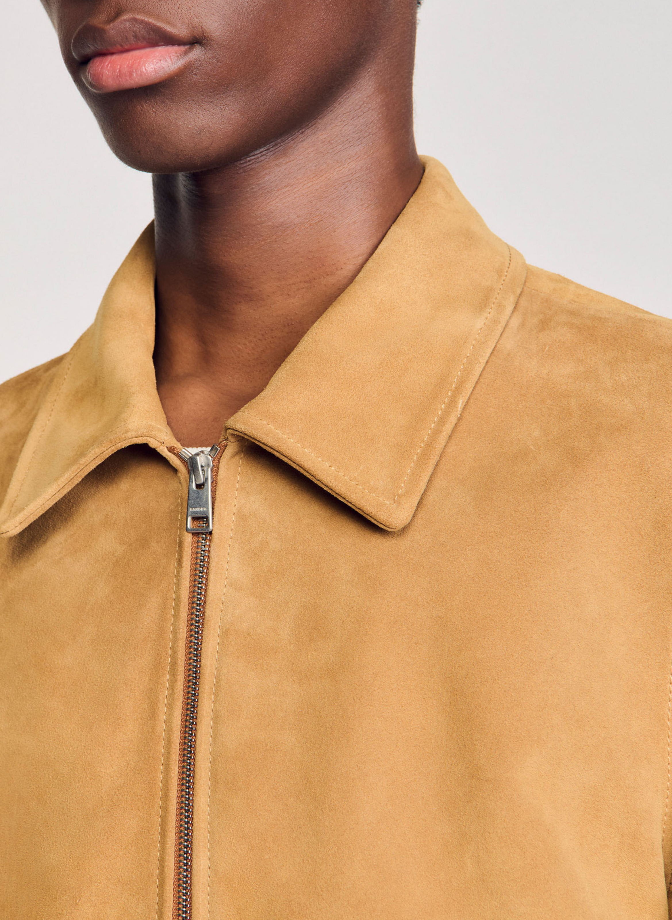 Blouson droit col classique en cuir SANDRO Marron