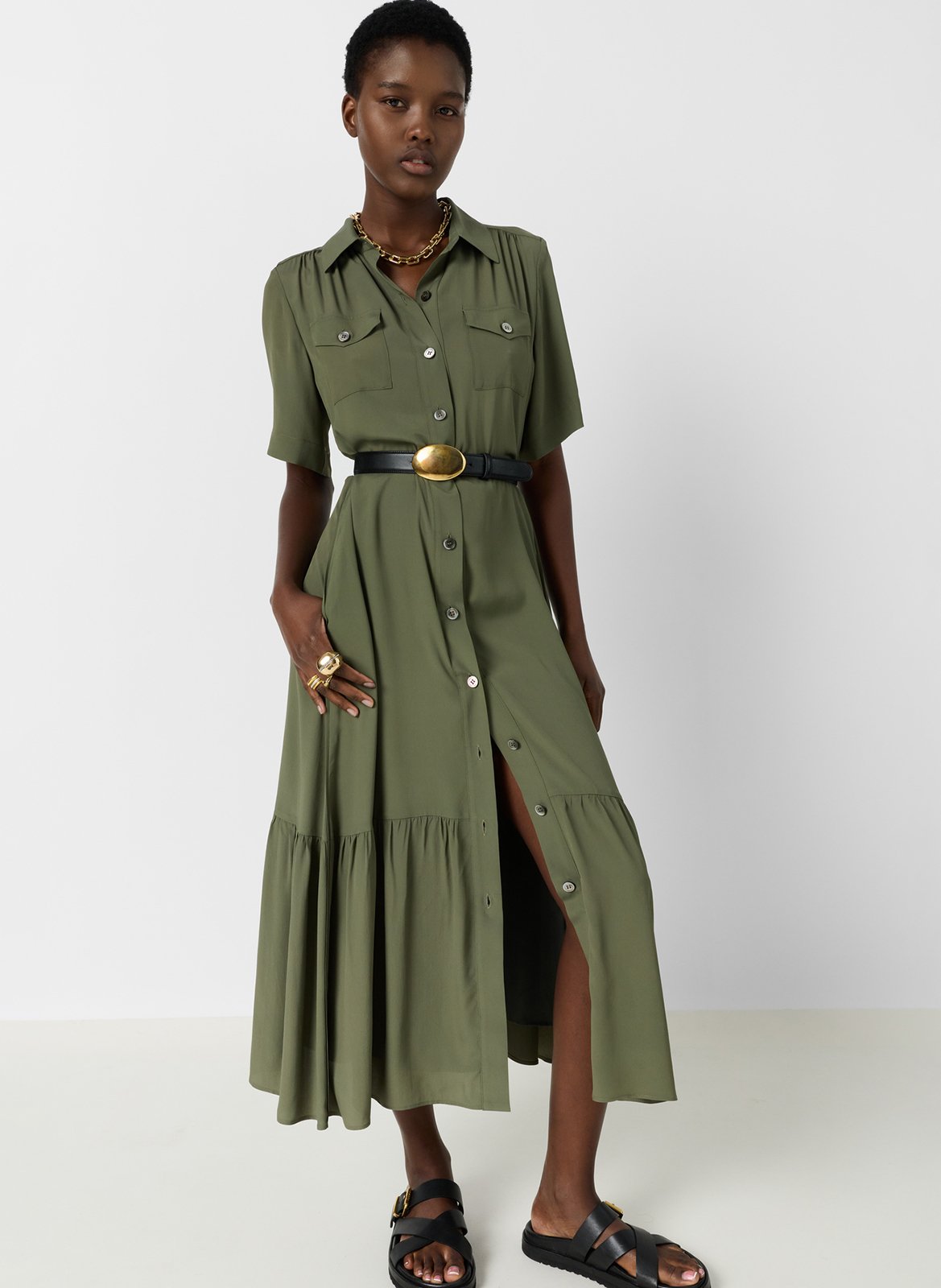 Langes Kleid mit klassischem Kragen GERARD DAREL Khaki