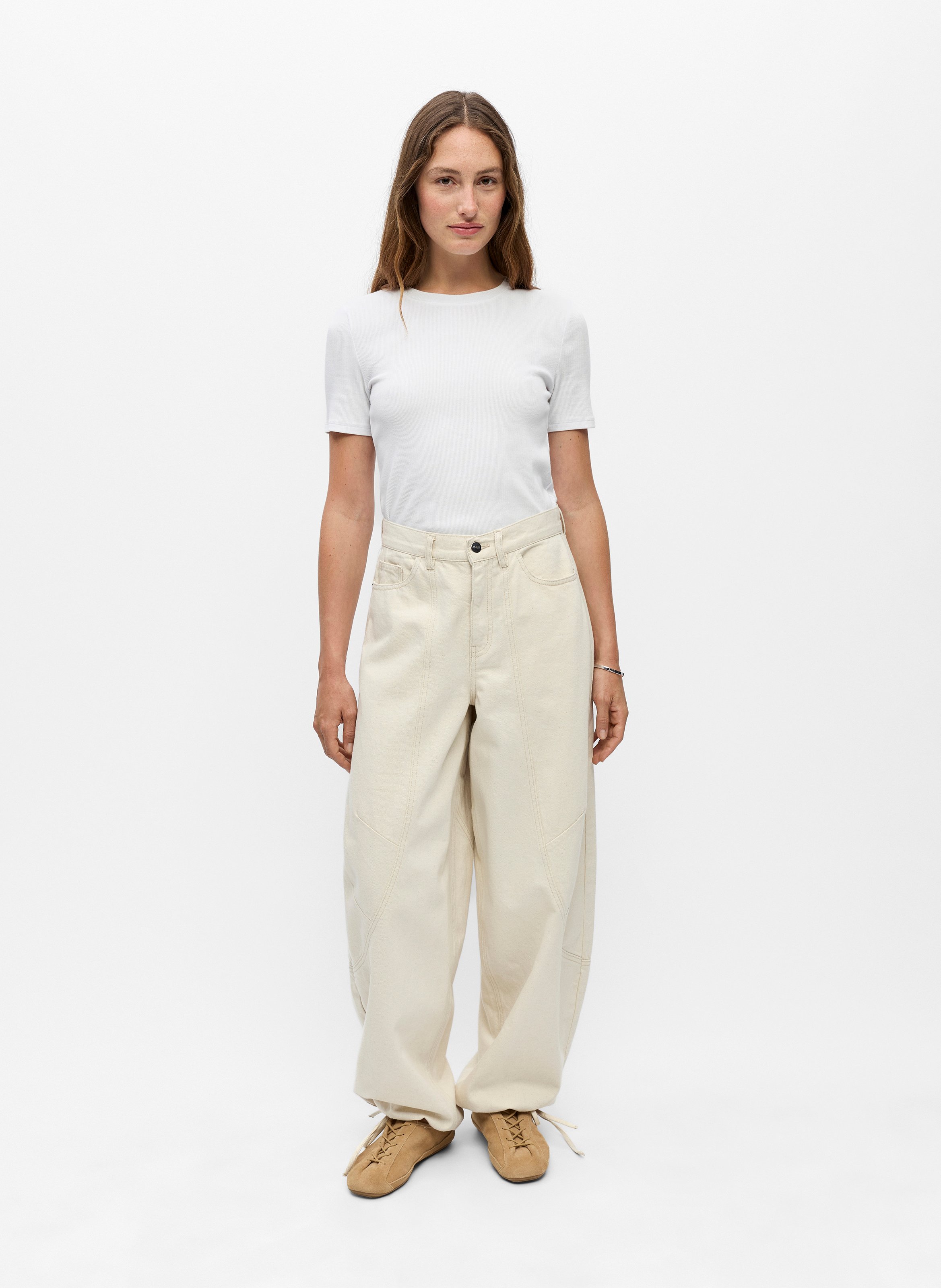 Wide trousers in organic cotton and linen blend OBJECT Beige