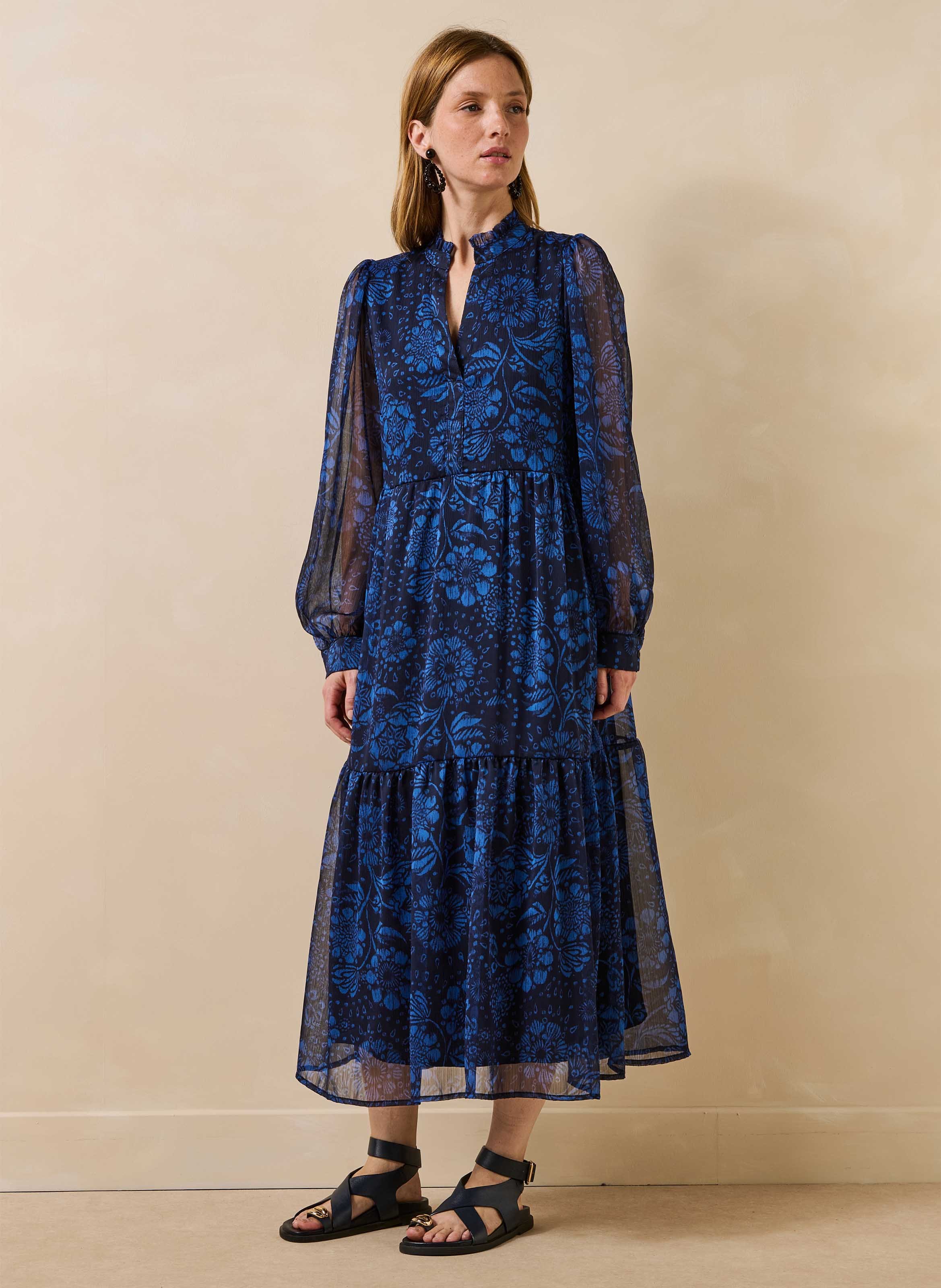 Weites langes Kleid aus bedrucktem Voile LA FEE MARABOUTEE Blau