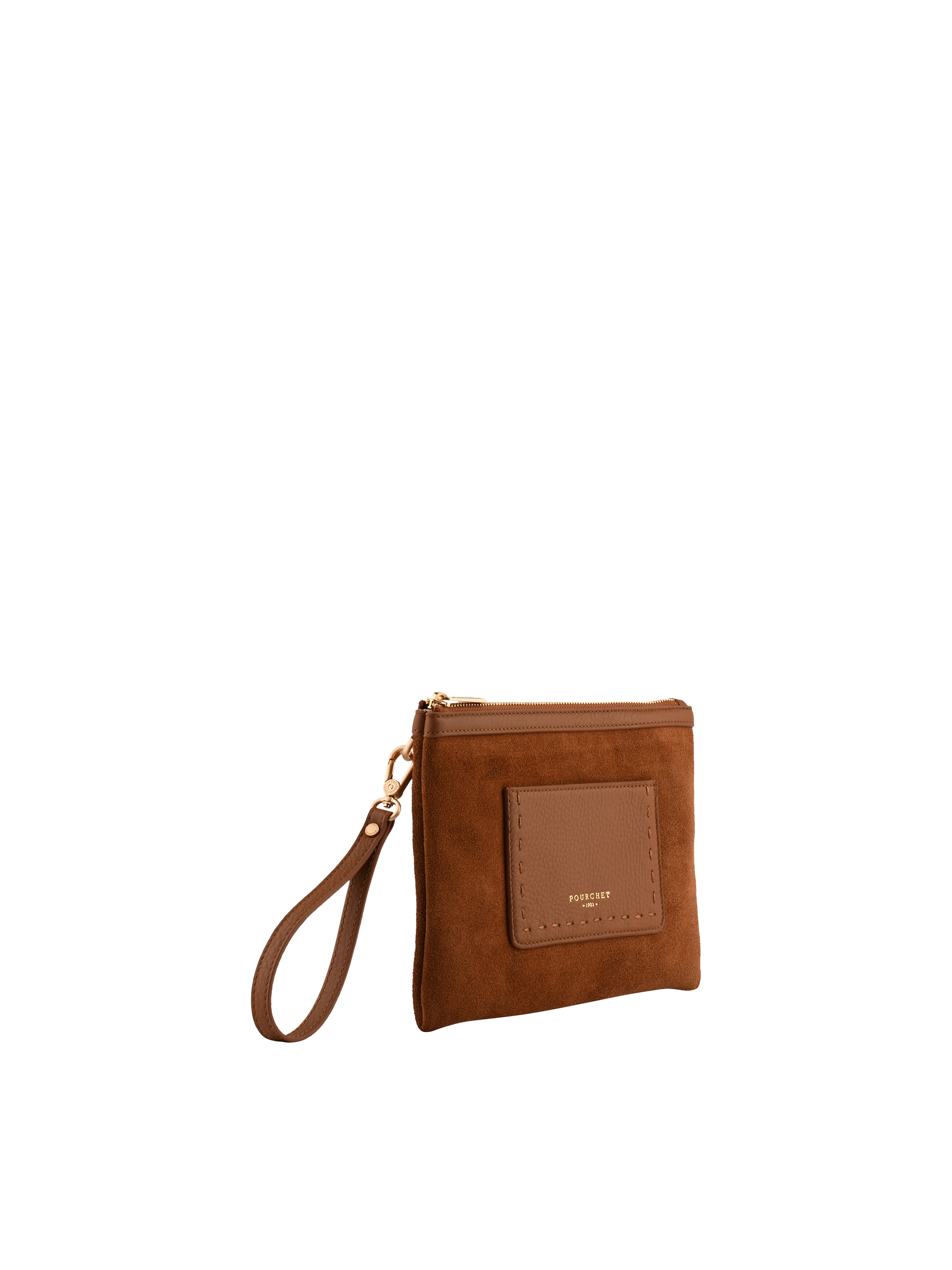 Suede cowhide leather clutch POURCHET Brown