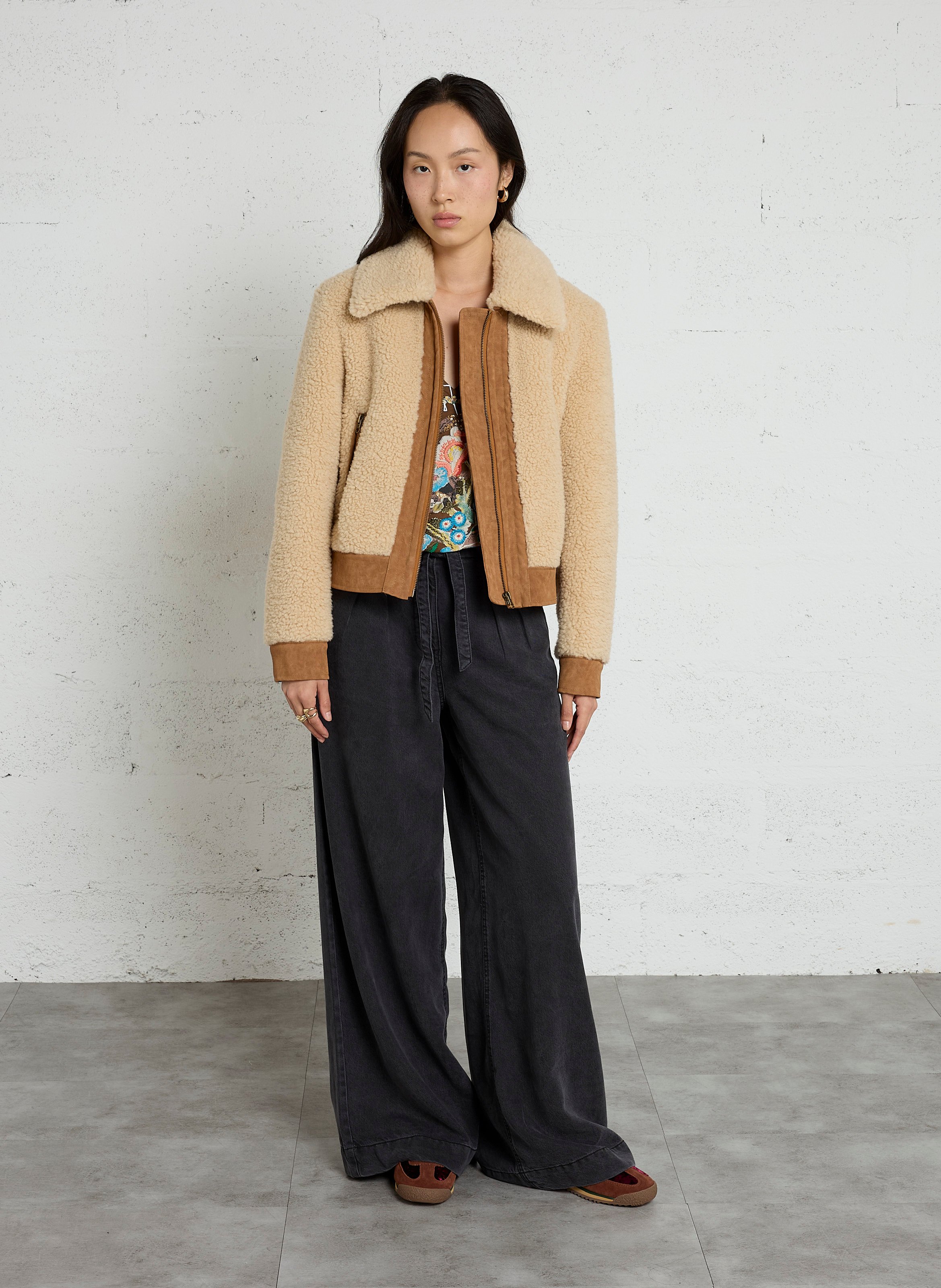 Veste droite courte effet fourrure LEON & HARPER Marron