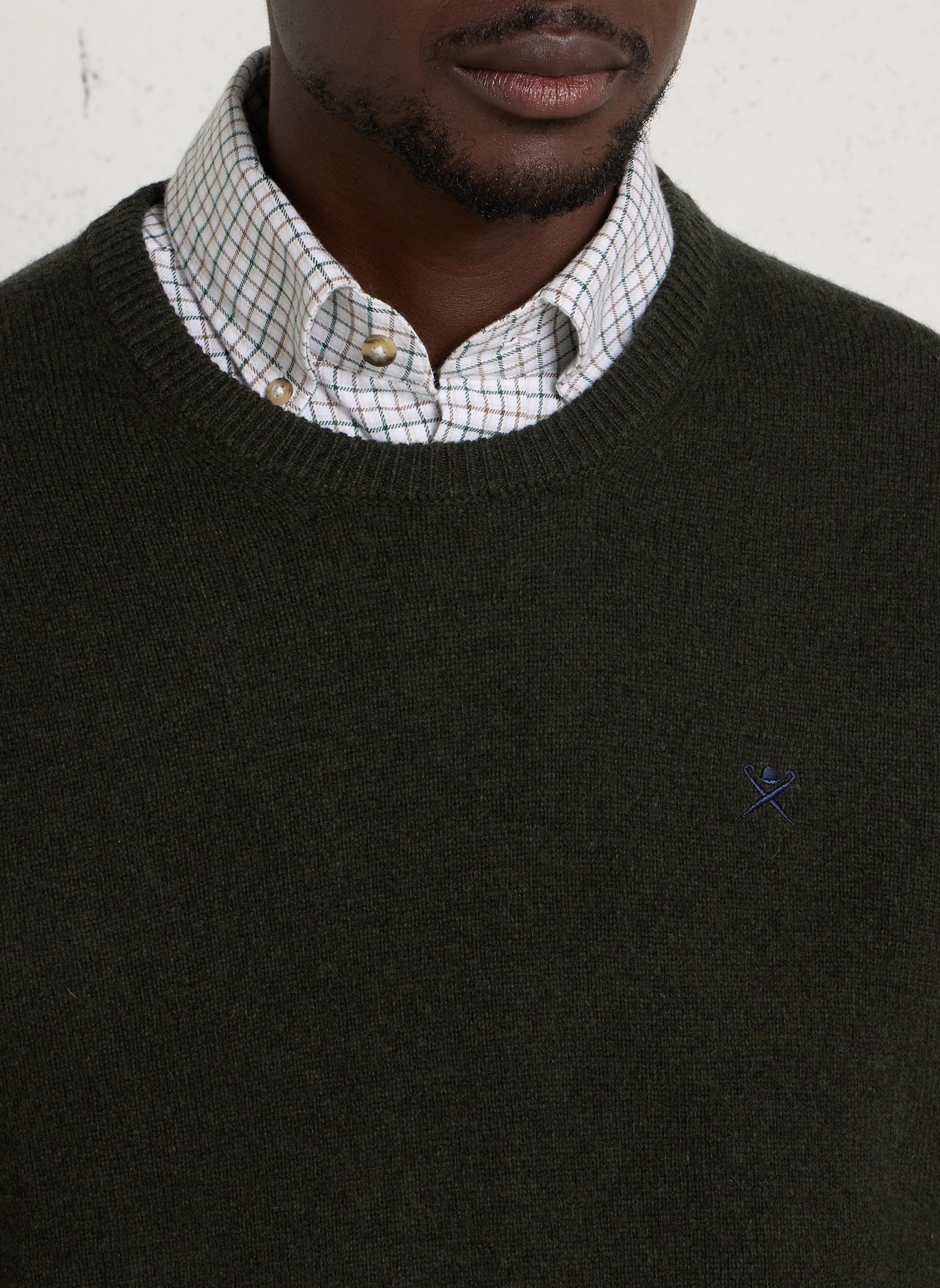 Pull droit col rond brodé en laine HACKETT Vert