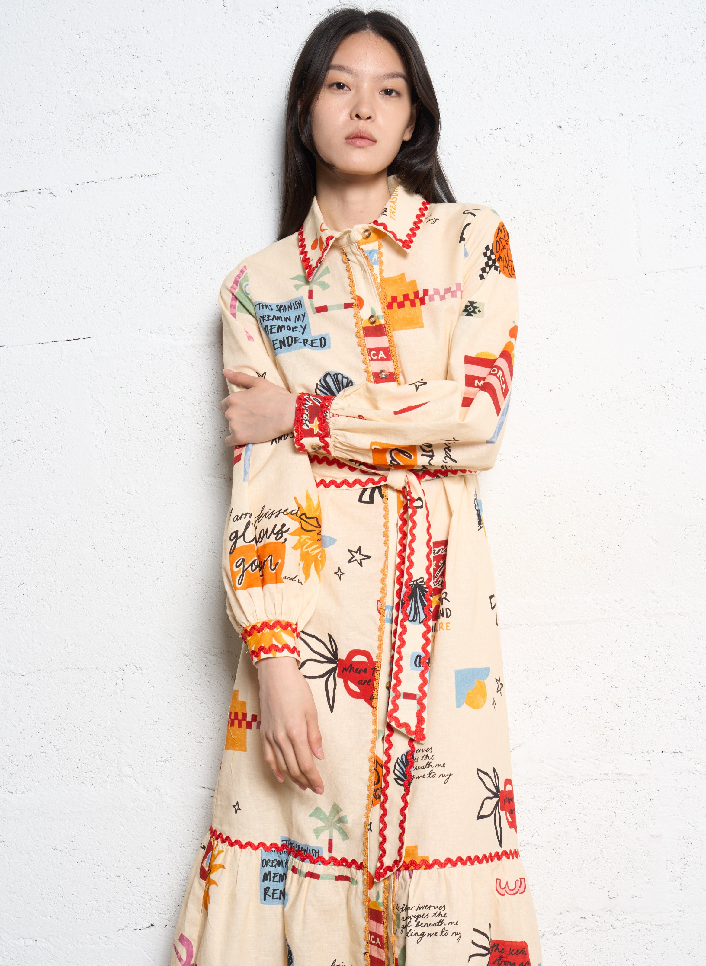 Long dress with classic collar in blended cotton NEVER FULLY DRESSED Multicolored