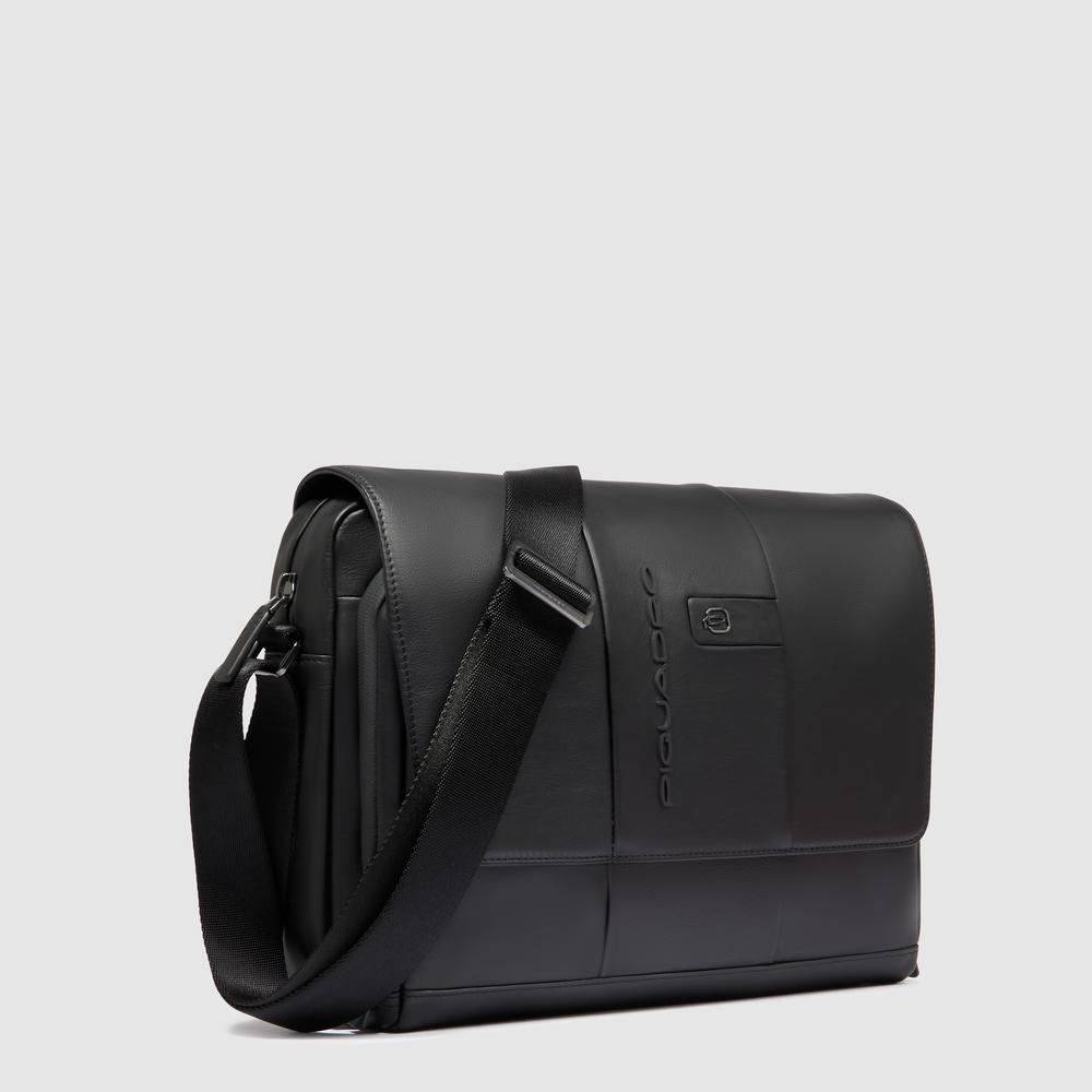 Leather computer messenger bag with pocket for airpods®, shock protection, and RFID. PIQUADRO Black