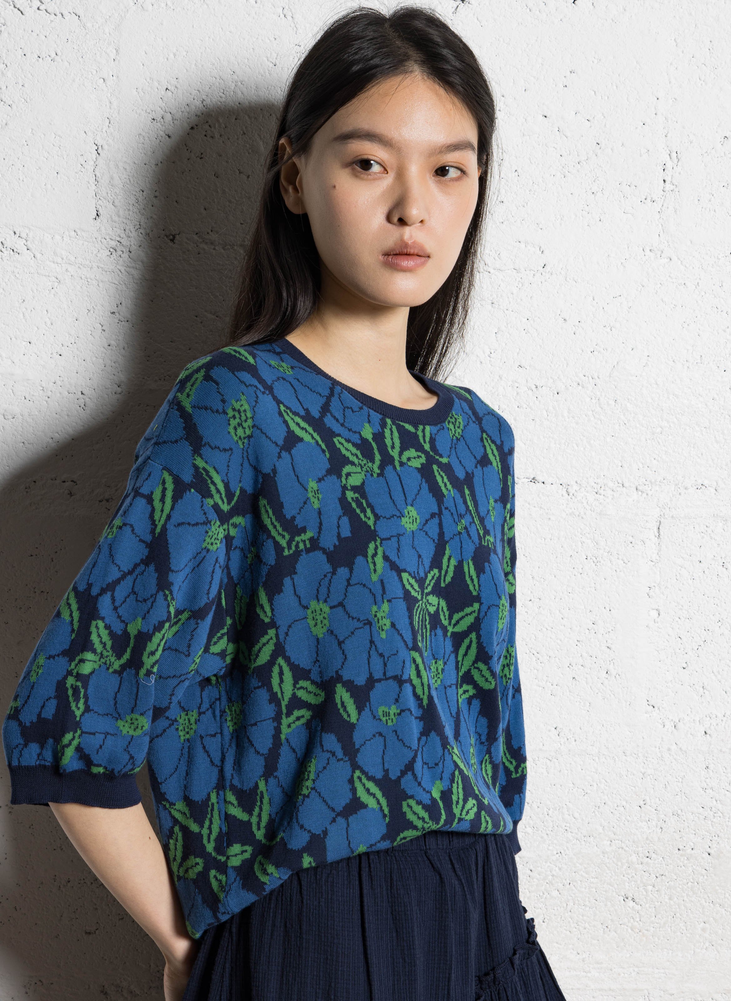 Rechte top met 3/4-mouwen en print NICE THINGS Blauw