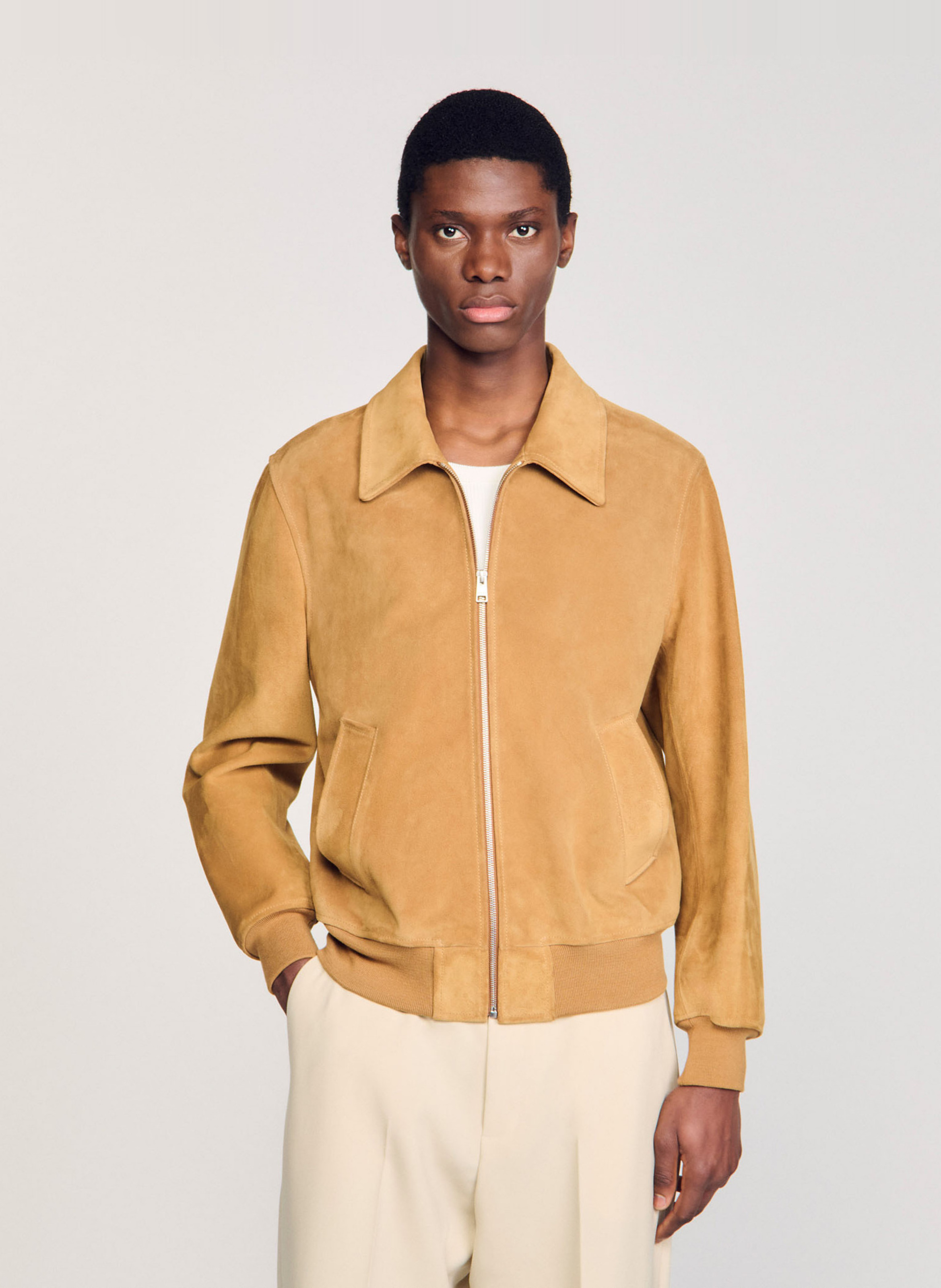 Blouson droit col classique en cuir SANDRO Marron