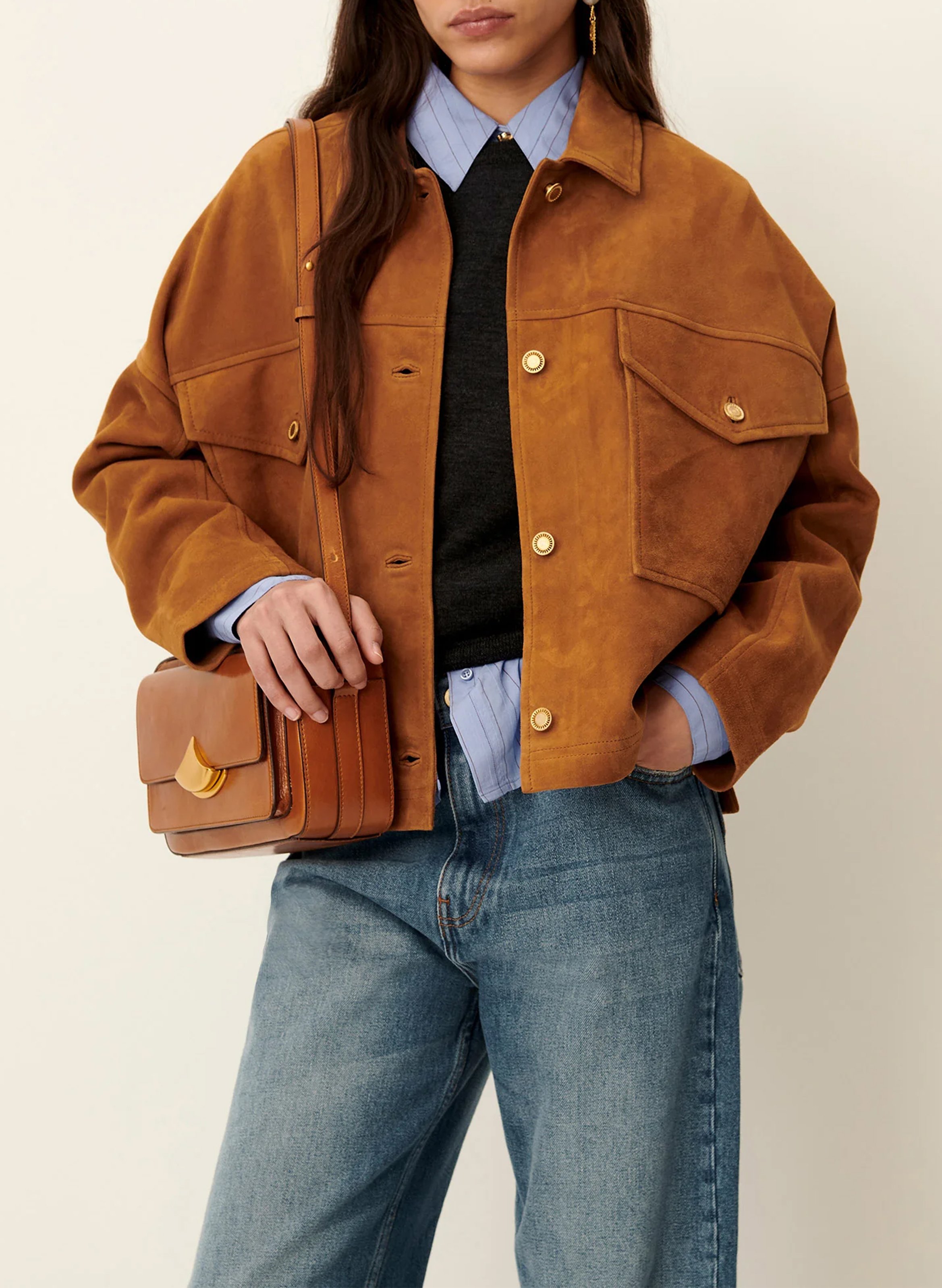 Straight jacket with classic collar in suede leather SESSUN Brown