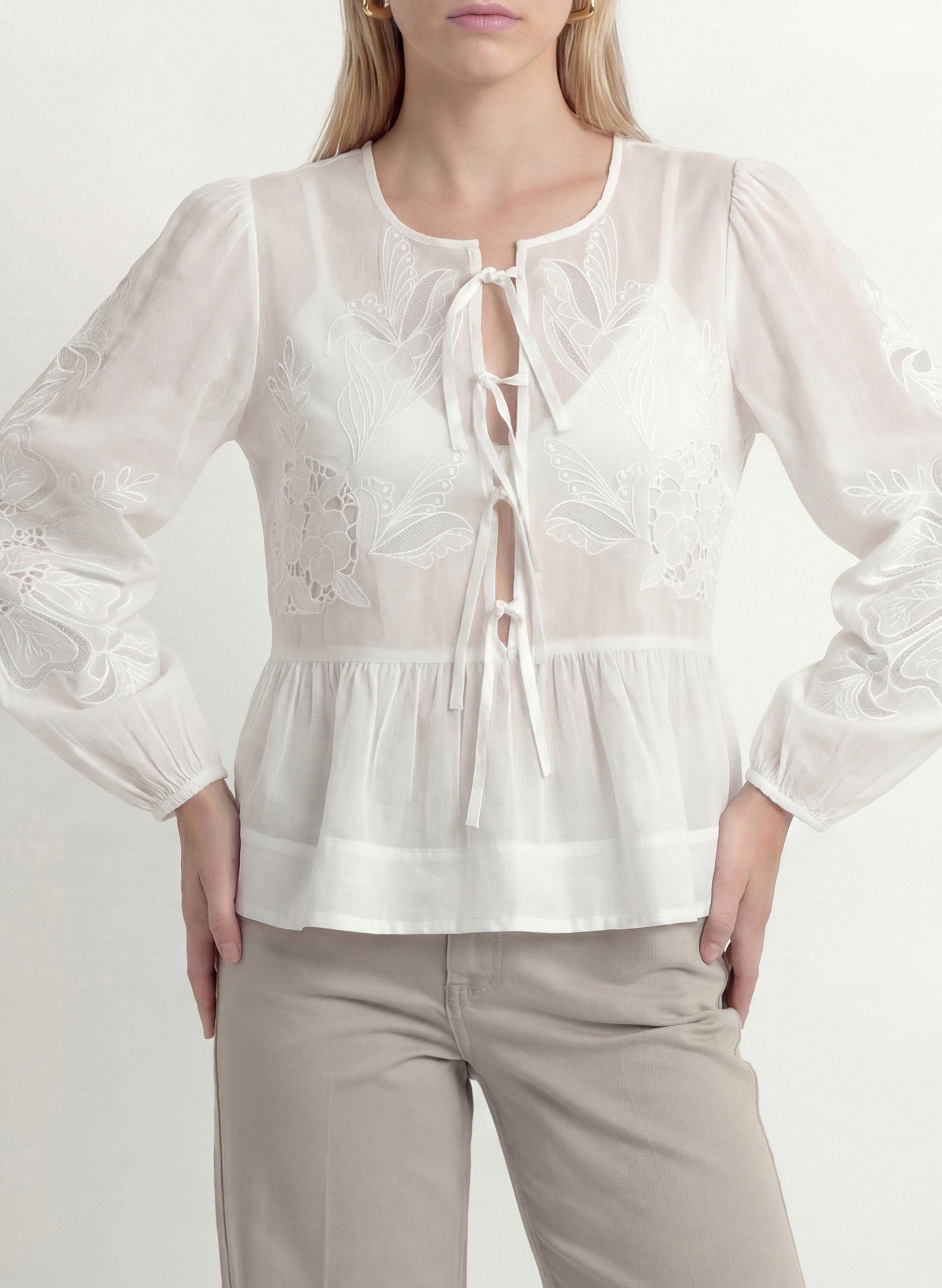 Gerade geschnittene Bluse mit rundem Ausschnitt aus bestickter Baumwolle KOOKAI Weiss