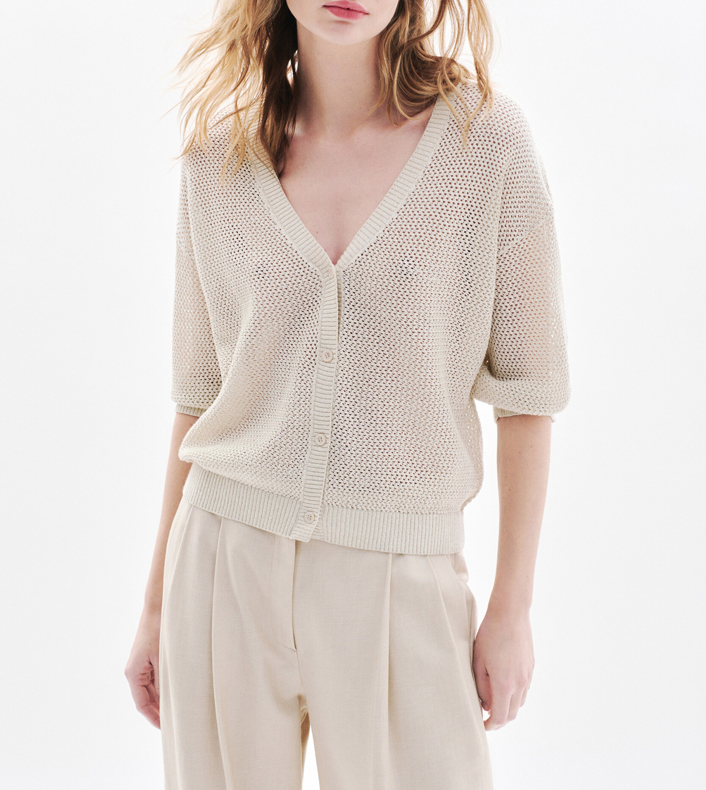 Cardigan boutonné en maille ajourée CAROLL Beige