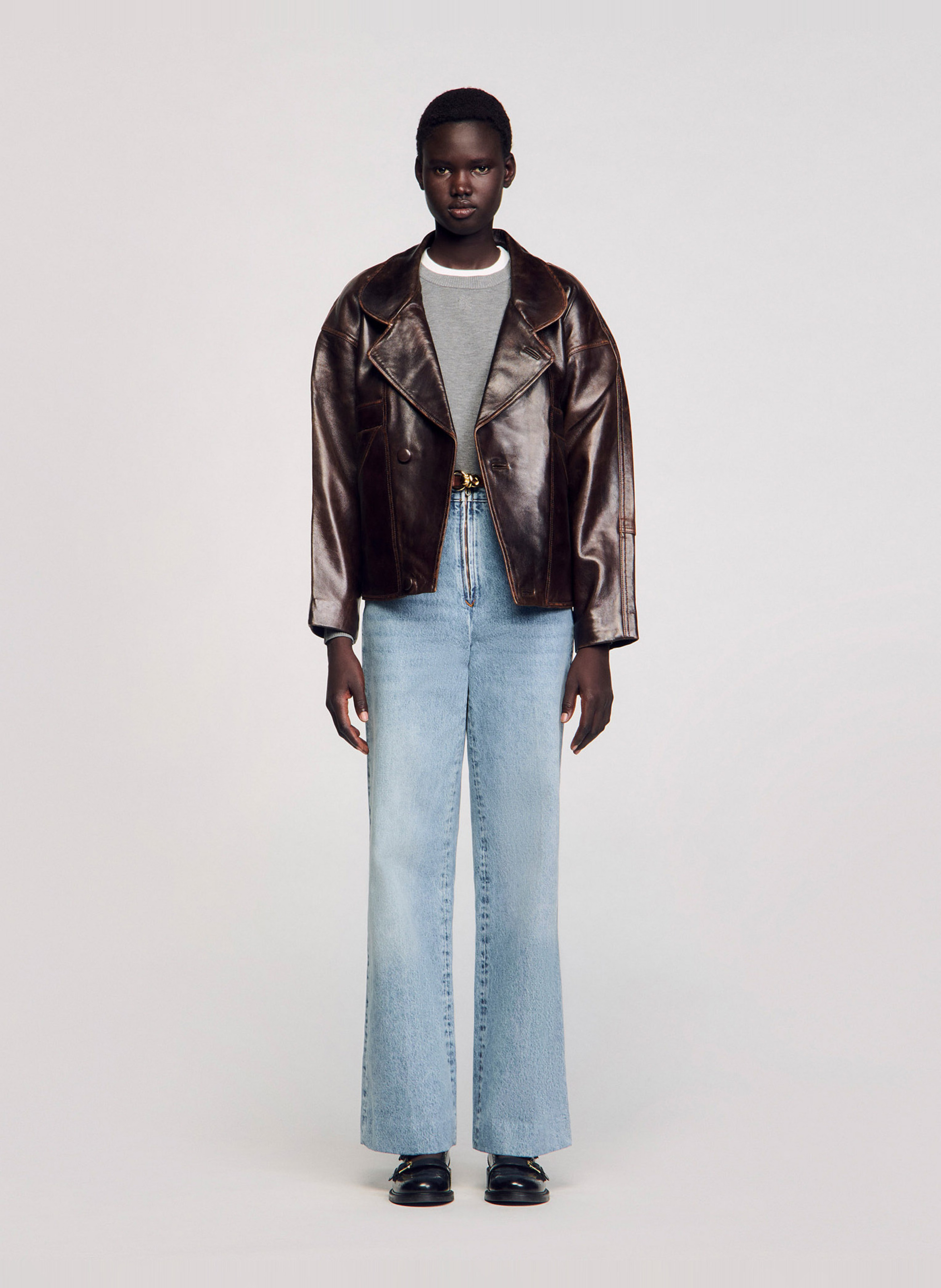 Leather jacket with tailored collar SANDRO Brown